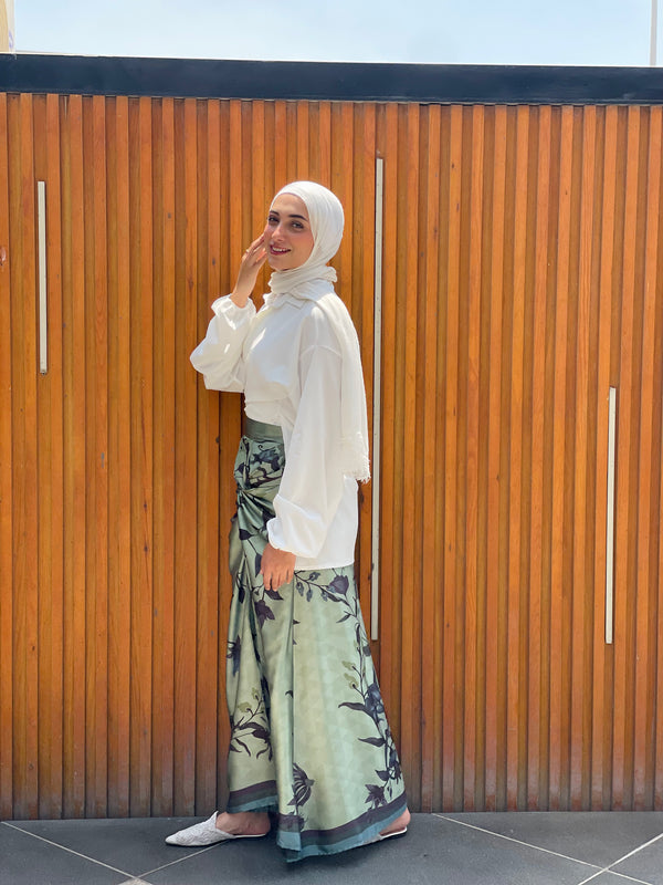 Printed Knot Satin Skirt-Olive