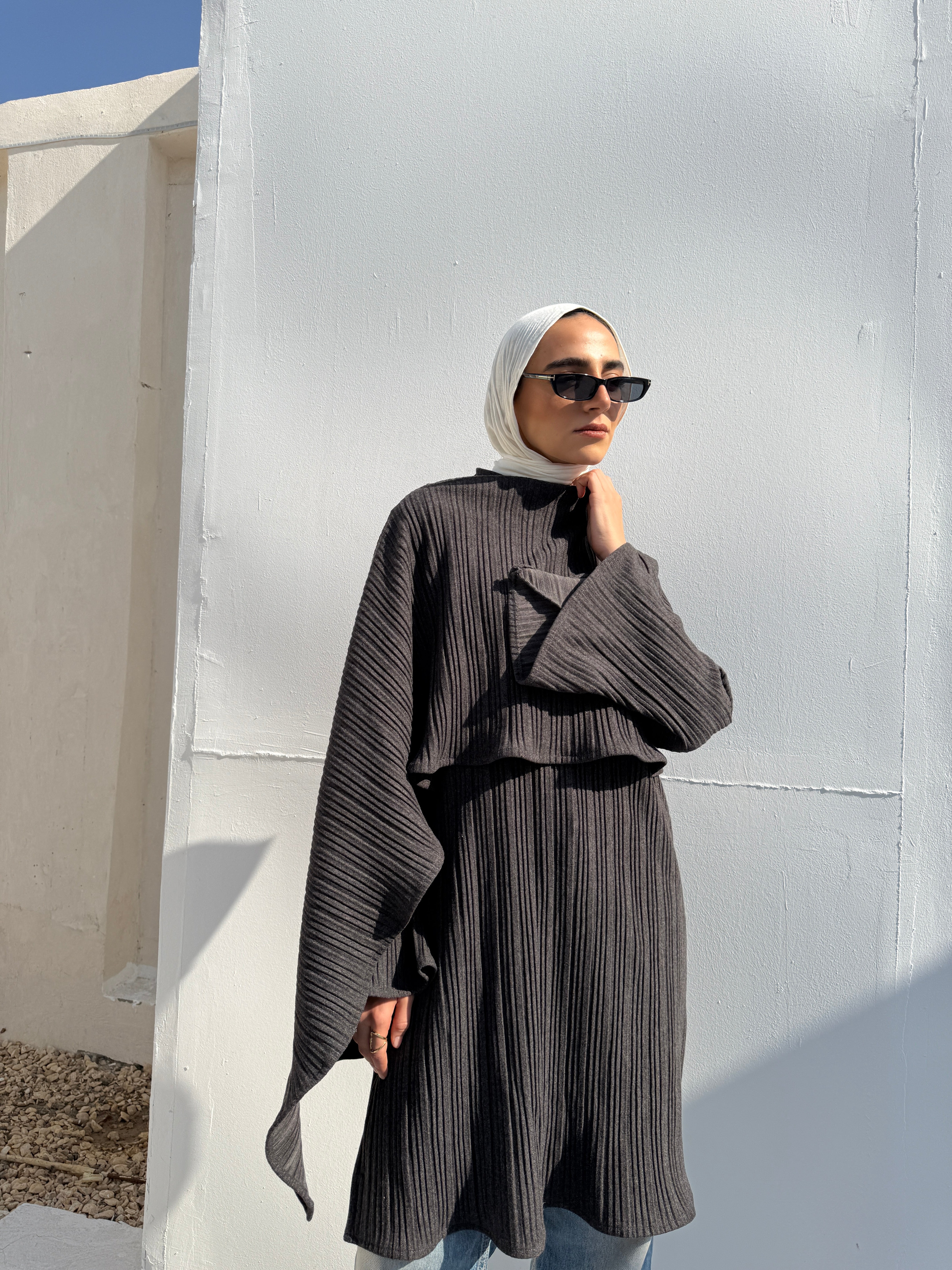 Pleated Blouse With Scarf - Grey