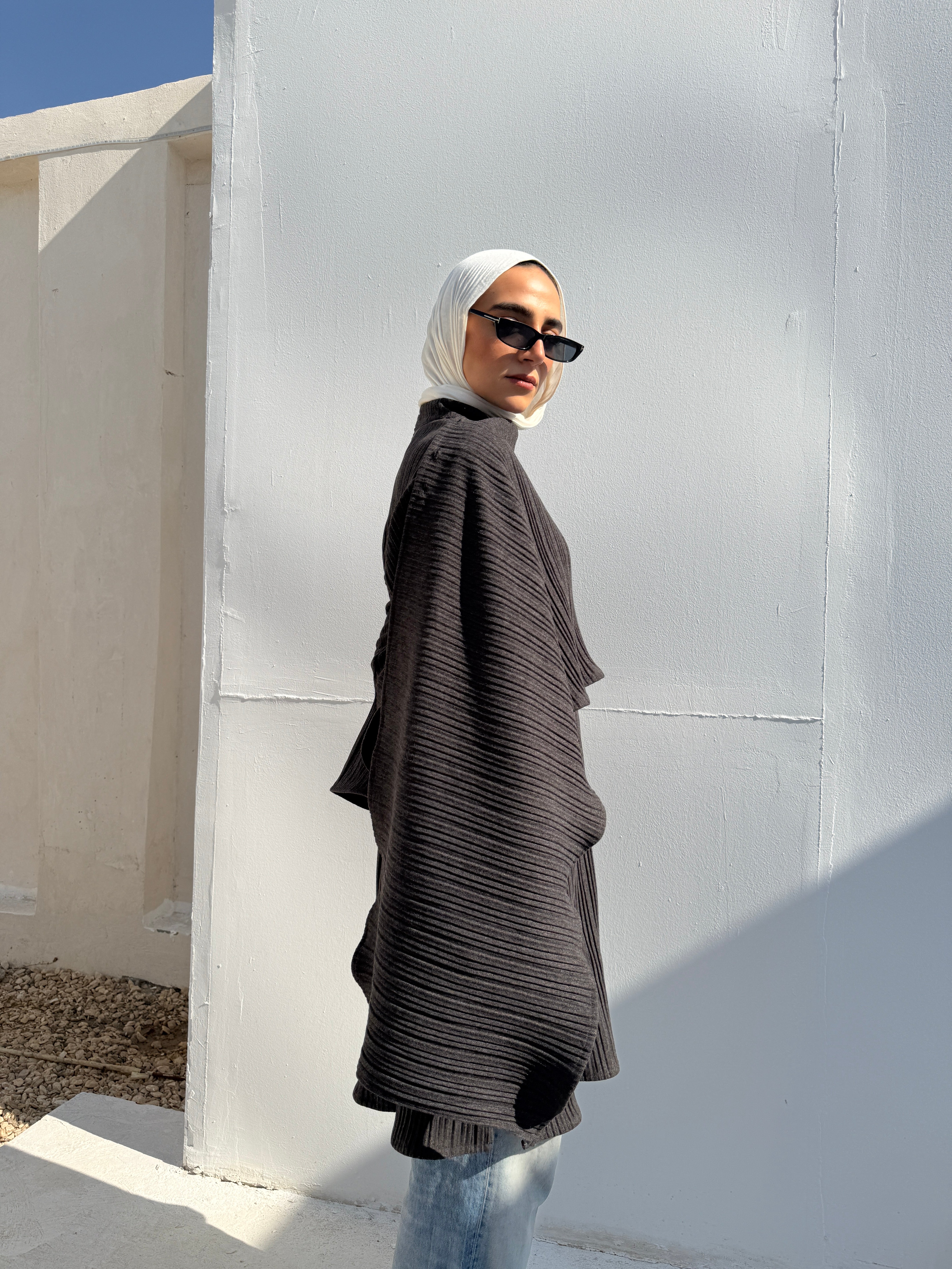 Pleated Blouse With Scarf - Grey