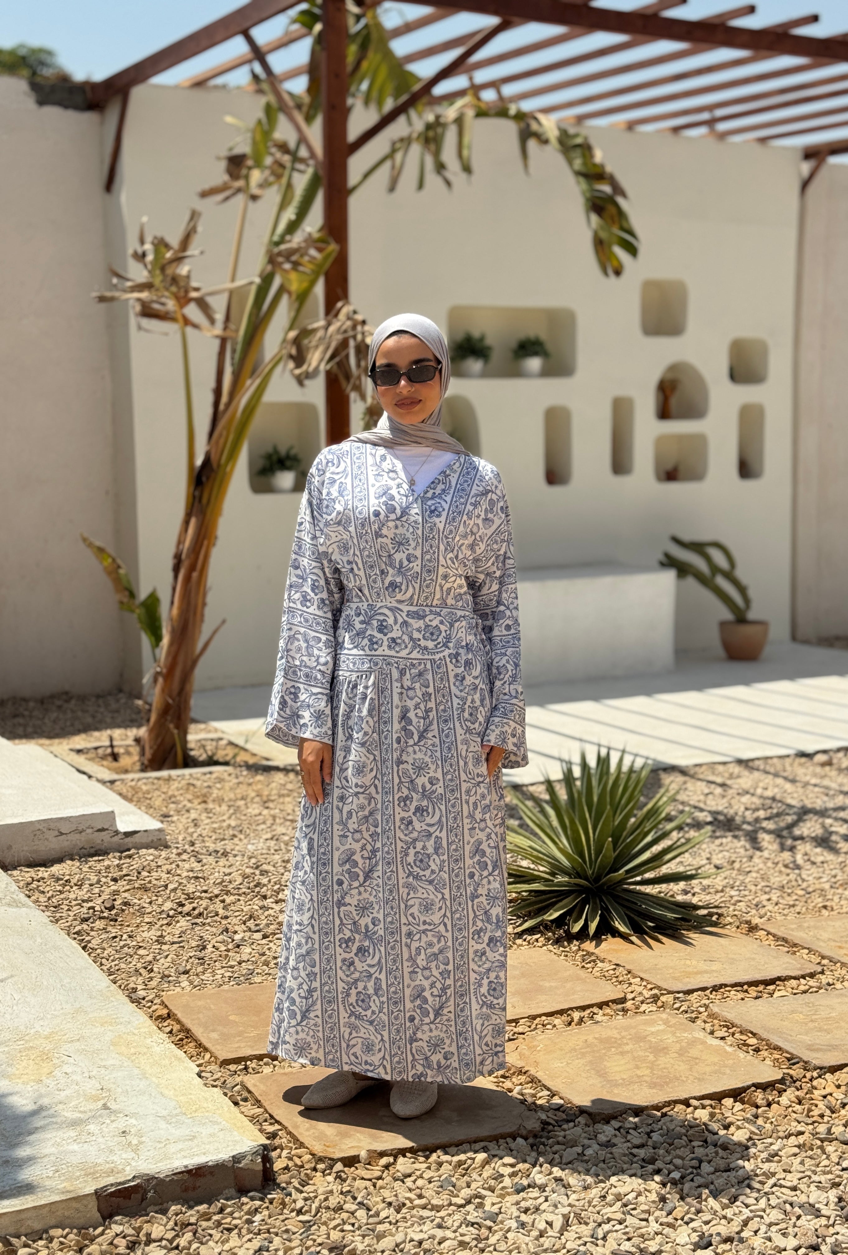 Overlap Printed Linen Dress - white*blue