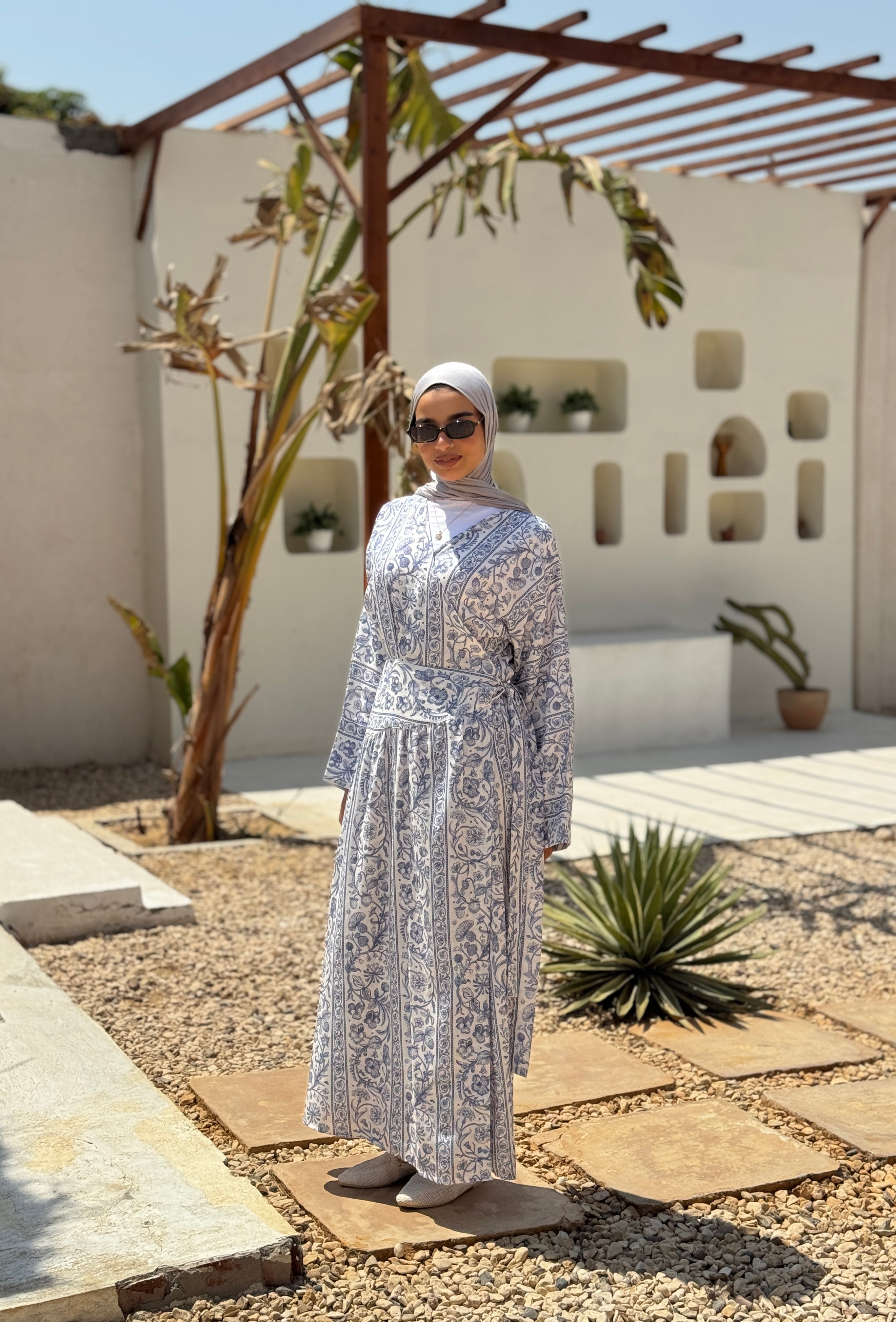 Overlap Printed Linen Dress - white*blue