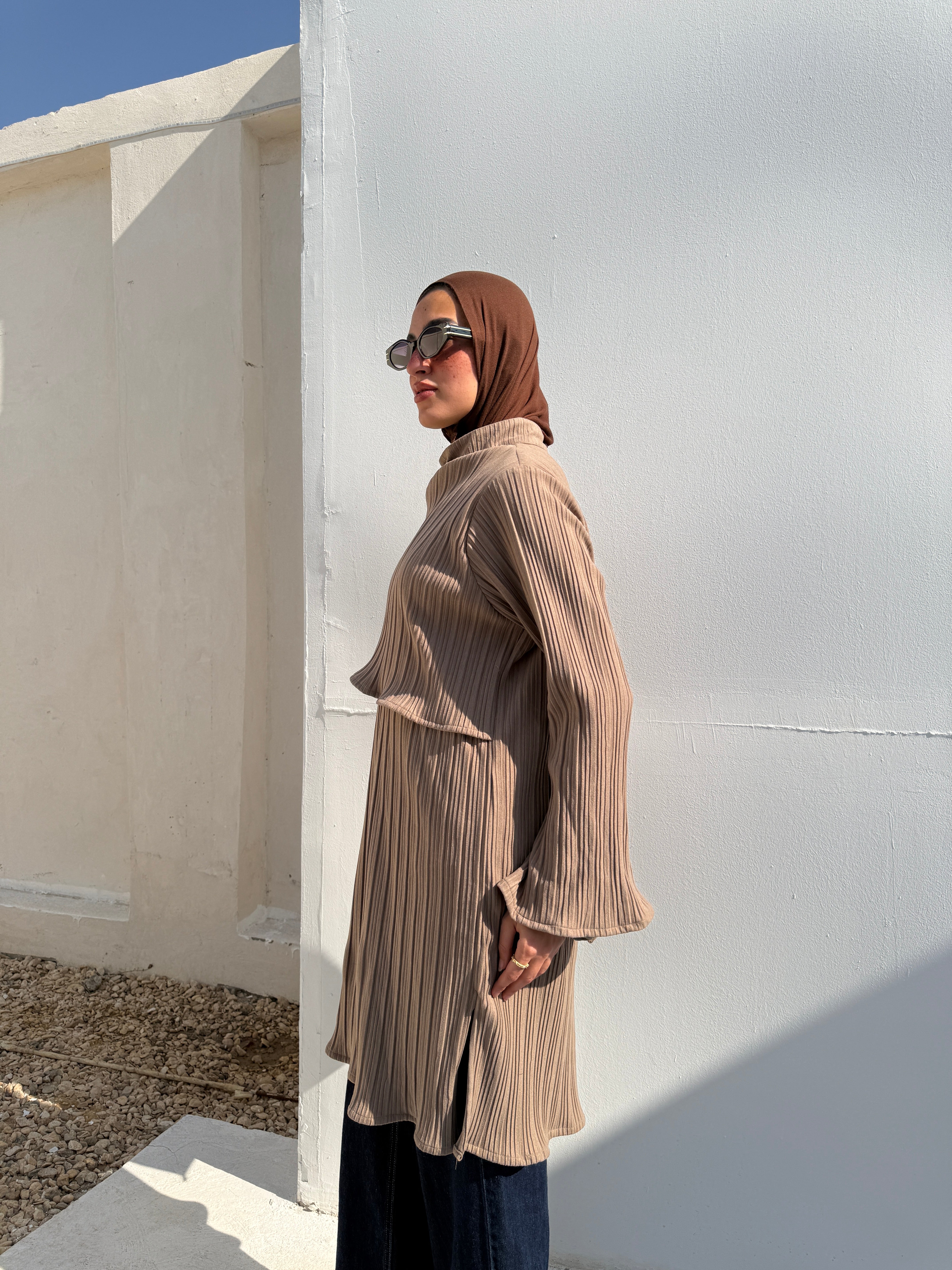 Pleated Blouse With Scarf - Cafe