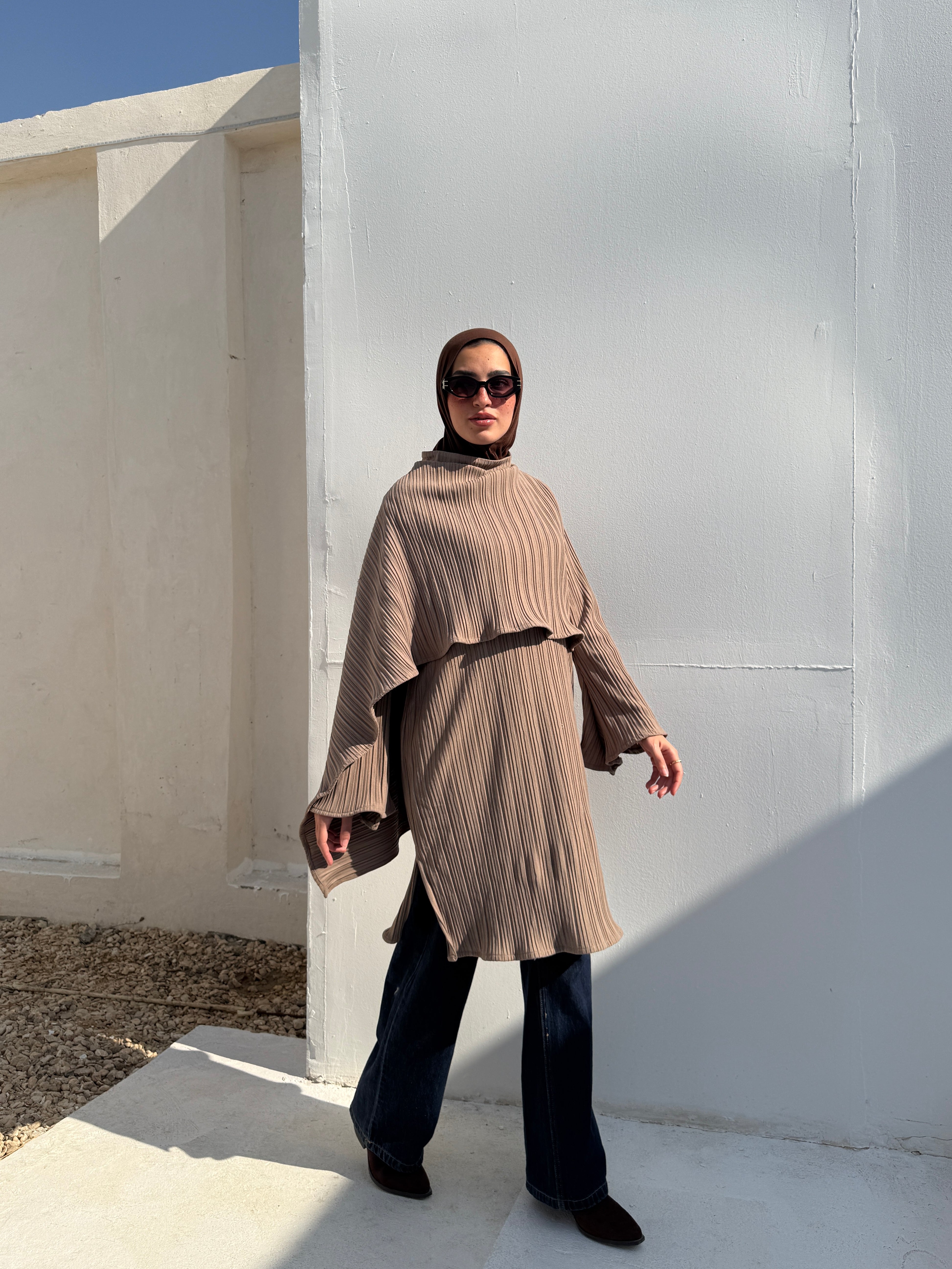 Pleated Blouse With Scarf - Cafe