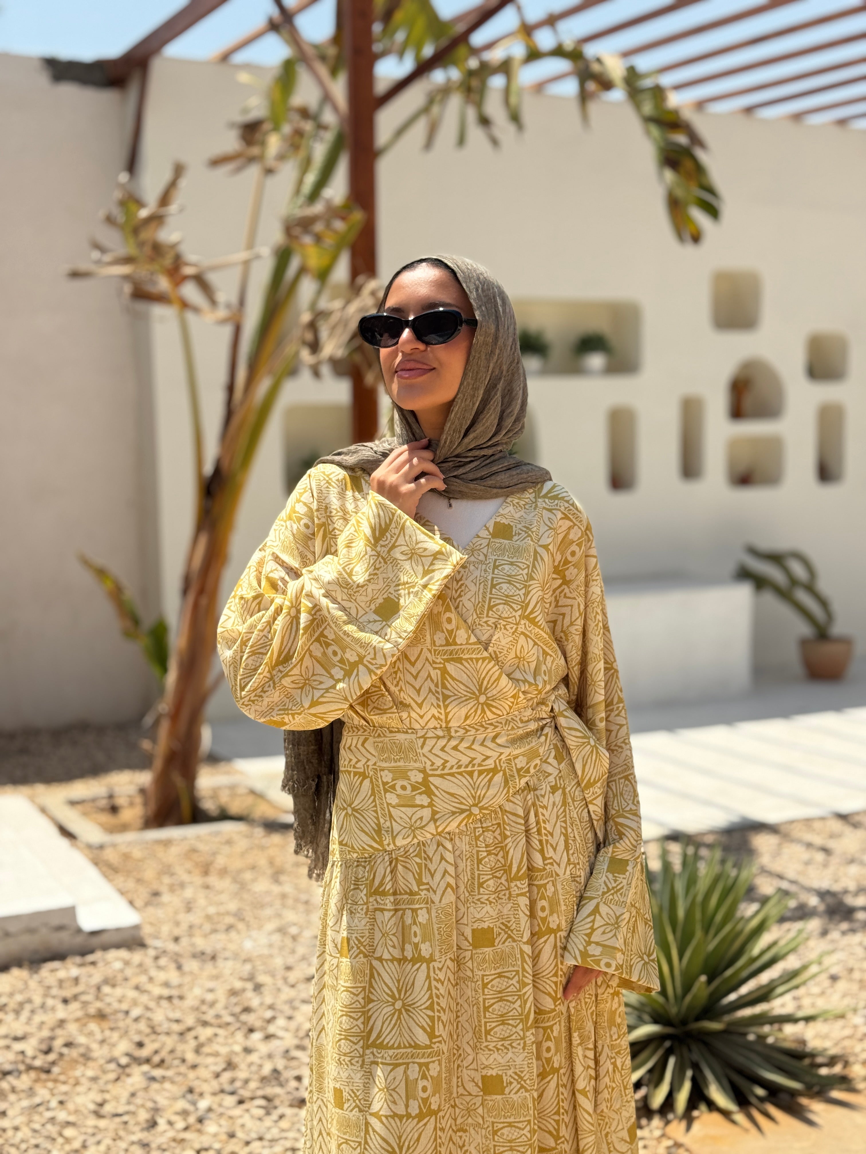 Overlap Printed Linen Dress - lime