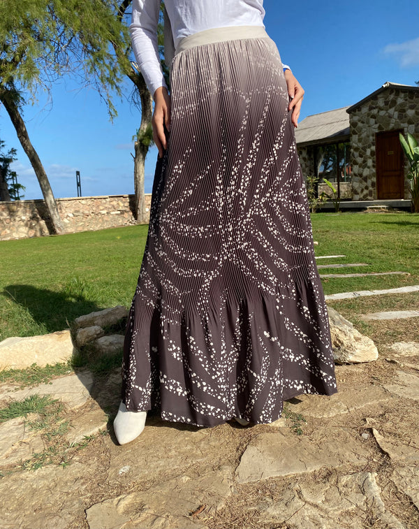 Printed Accordion Crepe Skirt - Beige