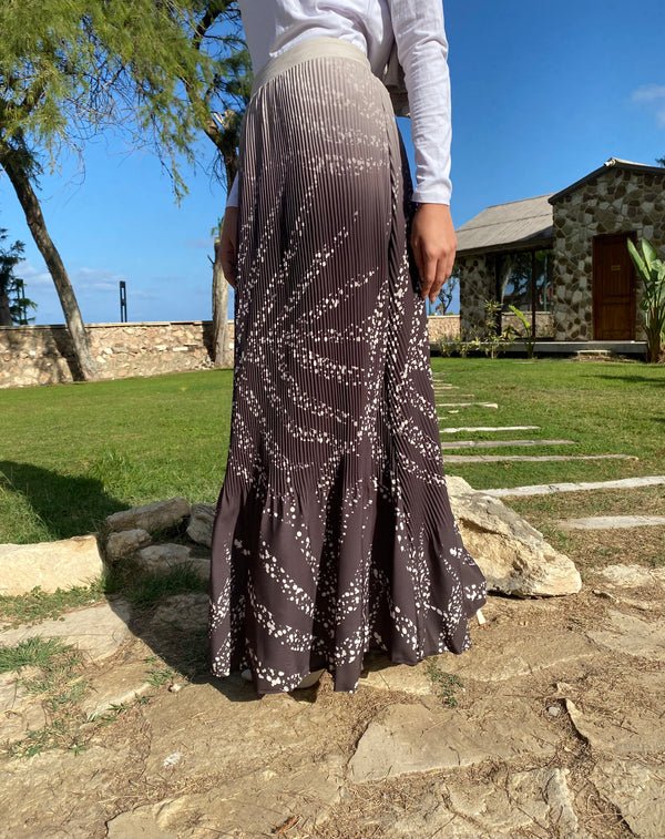 Printed Accordion Crepe Skirt - Beige