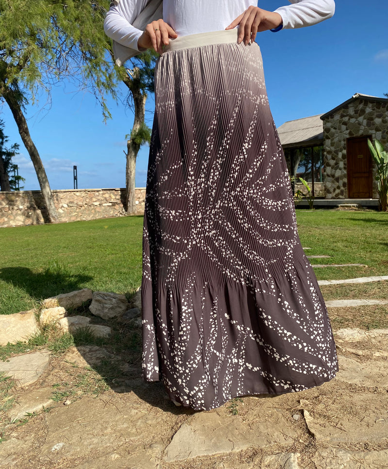 Printed Accordion Crepe Skirt - Beige