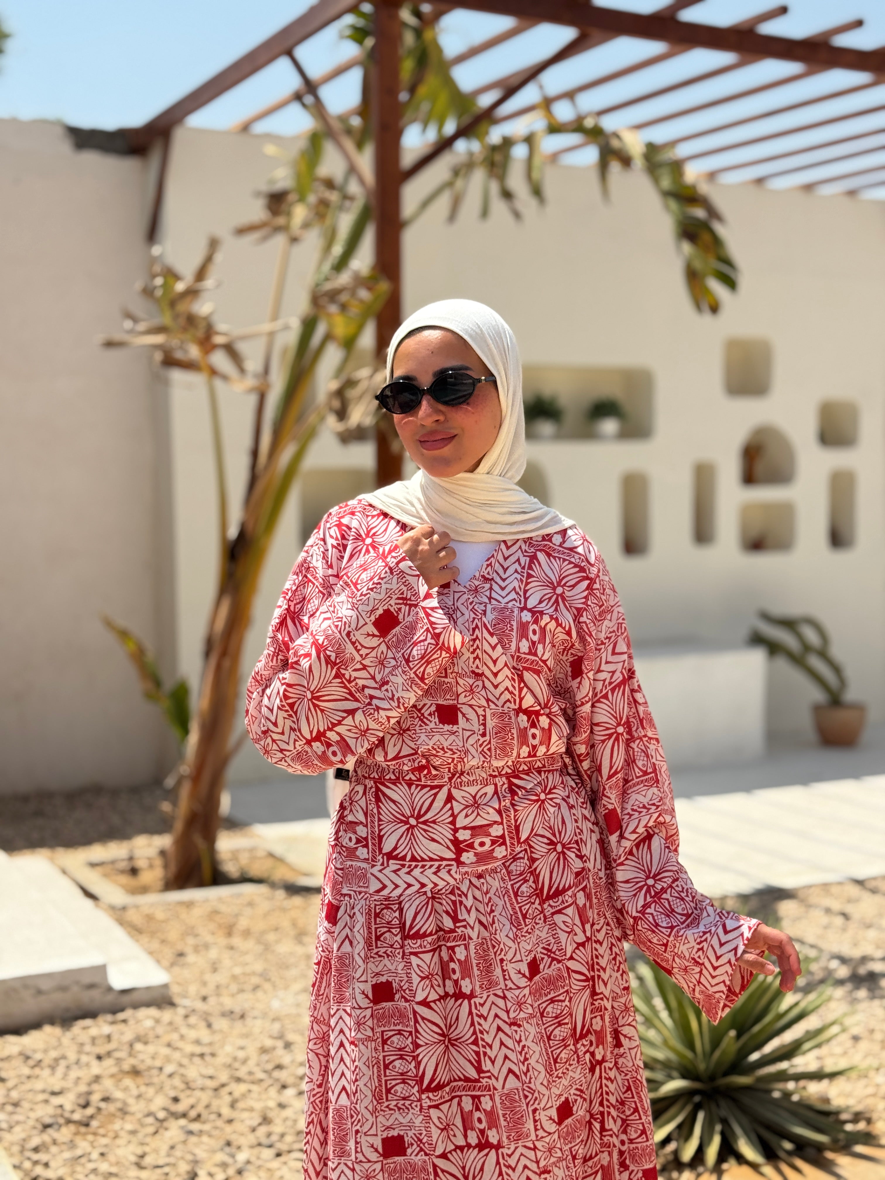 Overlap Printed Linen Dress - red