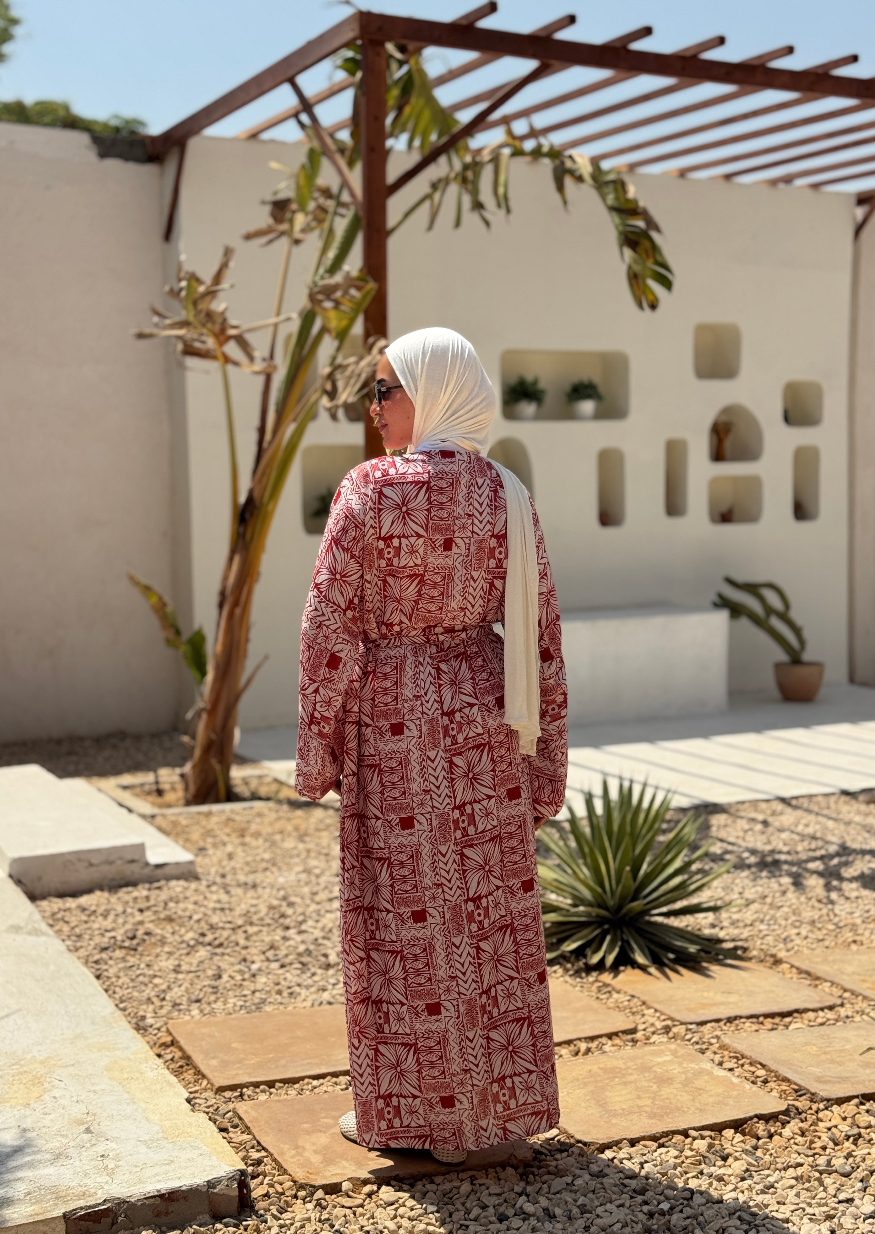 Overlap Printed Linen Dress - red