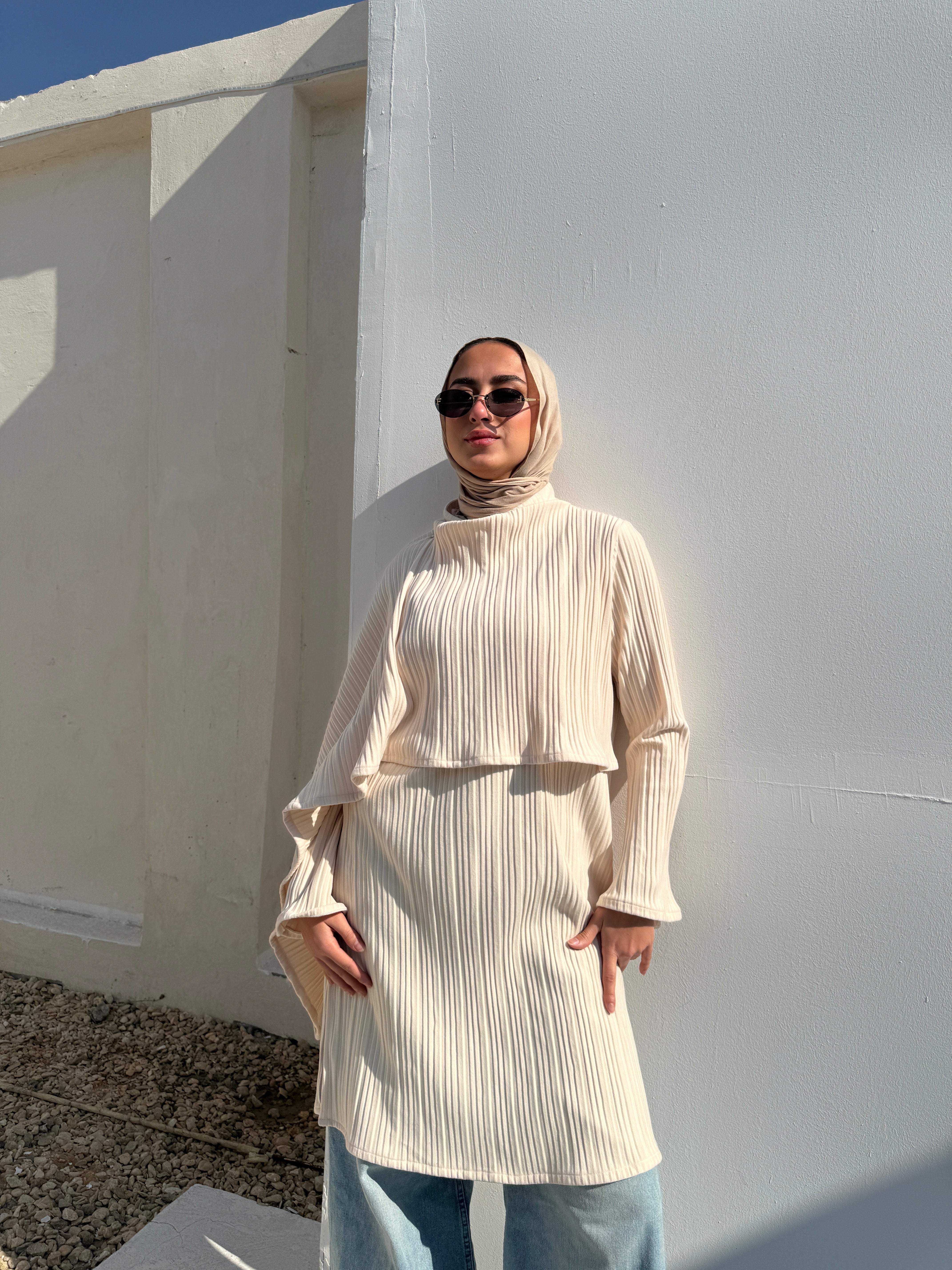 Pleated Blouse With Scarf - Offwhite