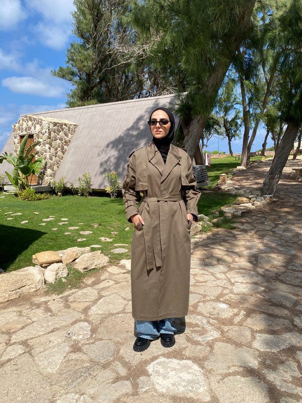 Buttoned Gabardine Coat - Olive