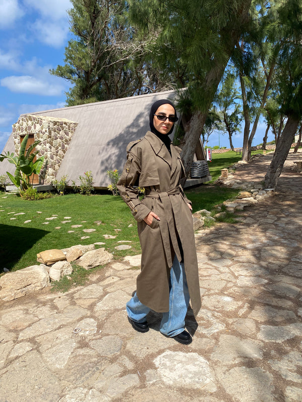 Buttoned Gabardine Coat - Olive