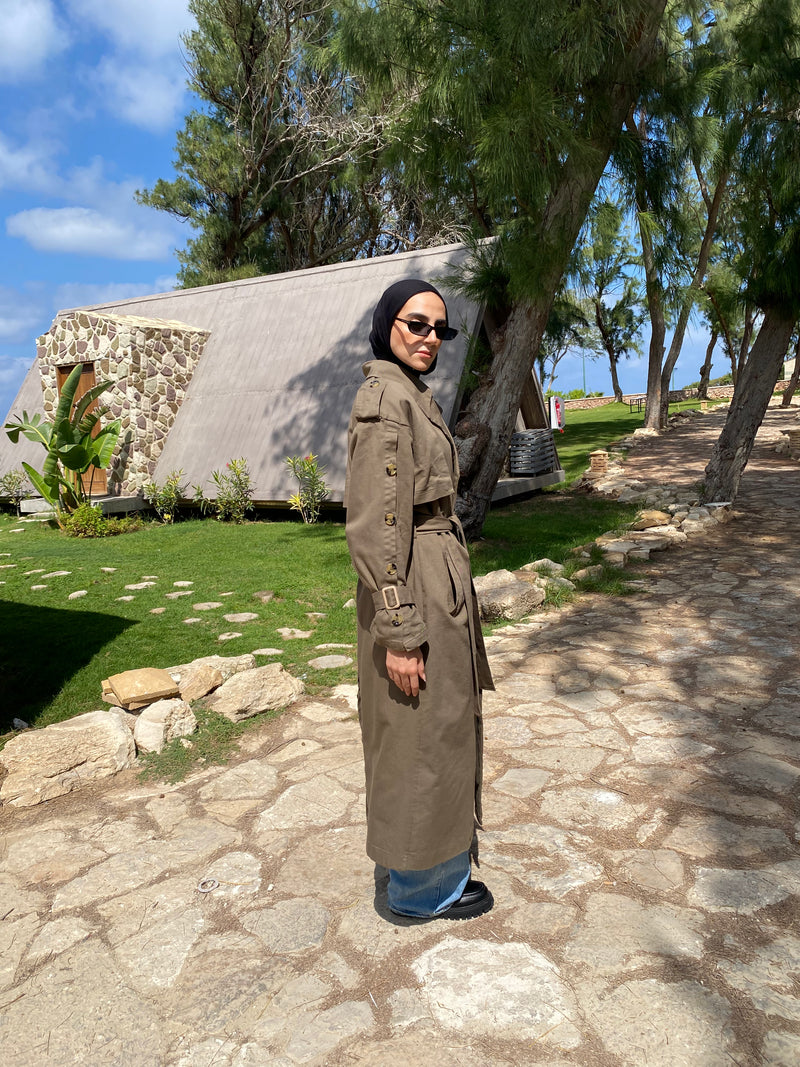 Buttoned Gabardine Coat - Olive