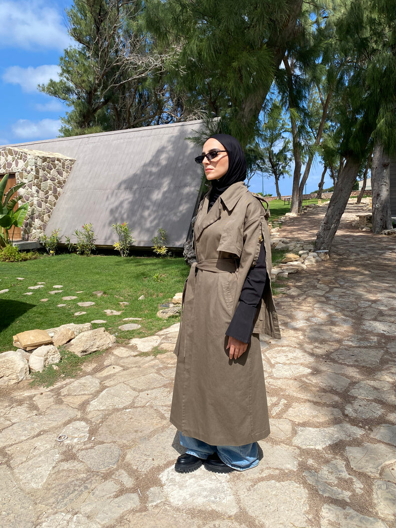 Buttoned Gabardine Coat - Olive