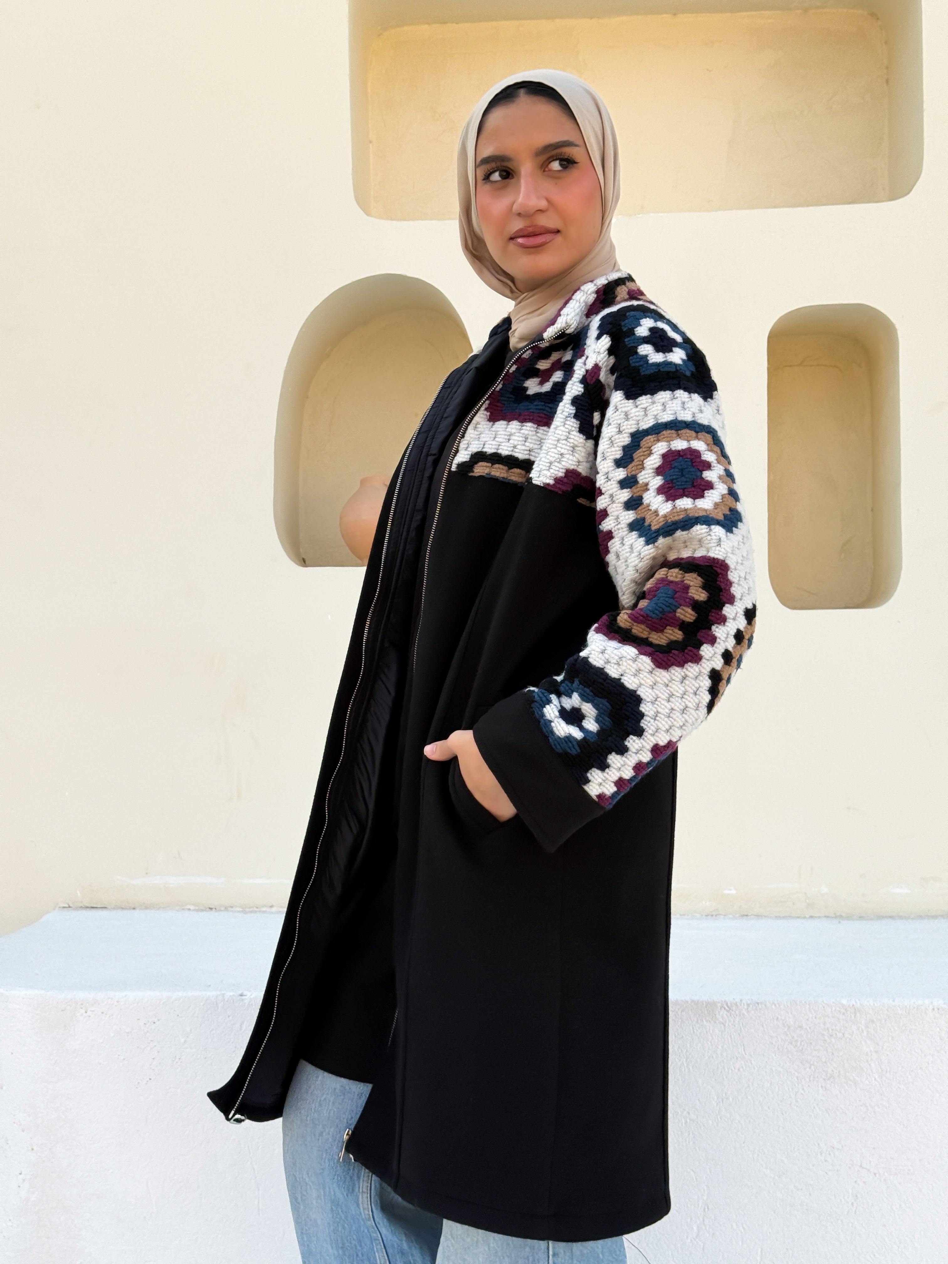 Crochet Panel Jacket - Black