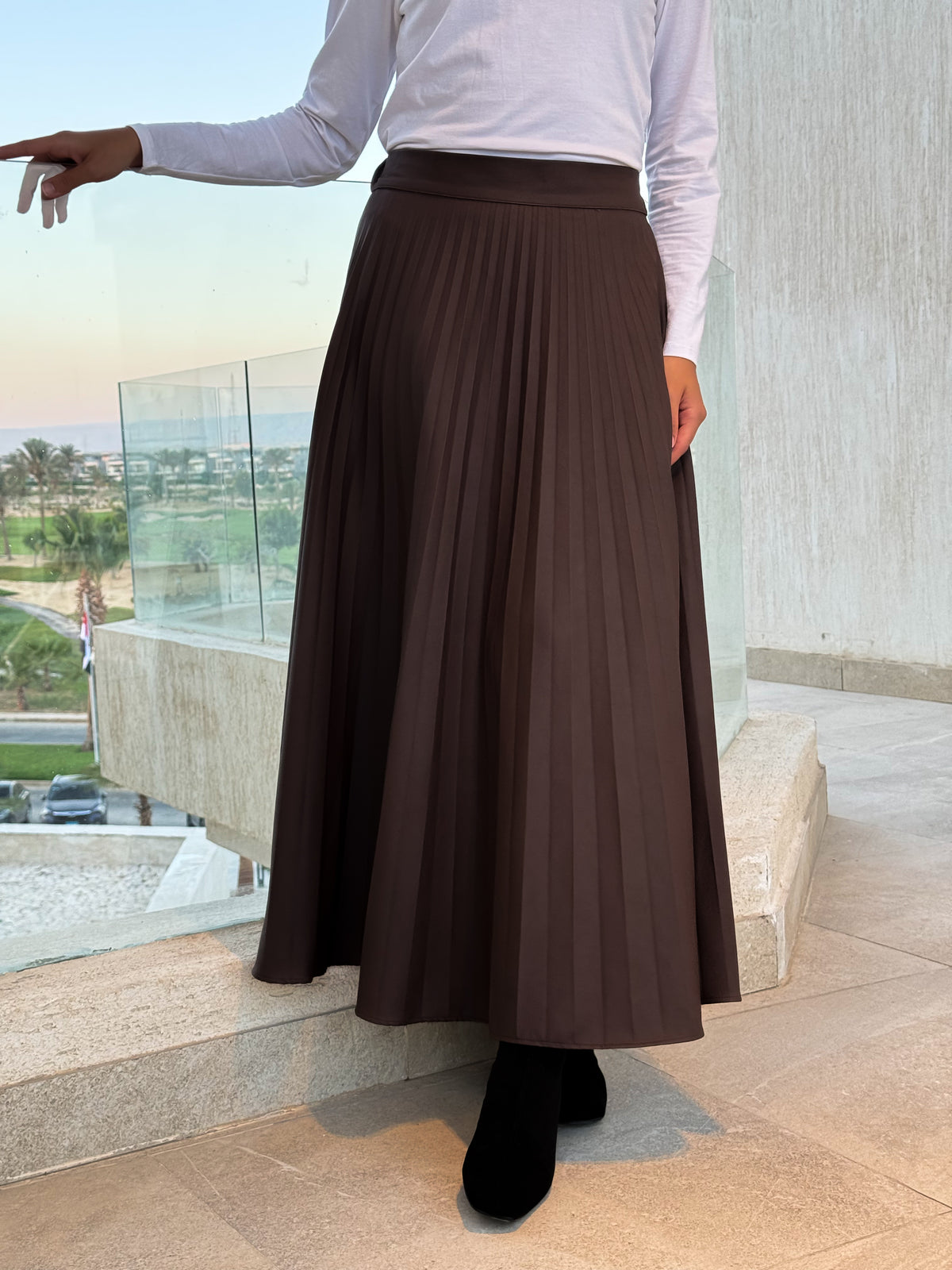 Pleated Leather Skirt -Brown