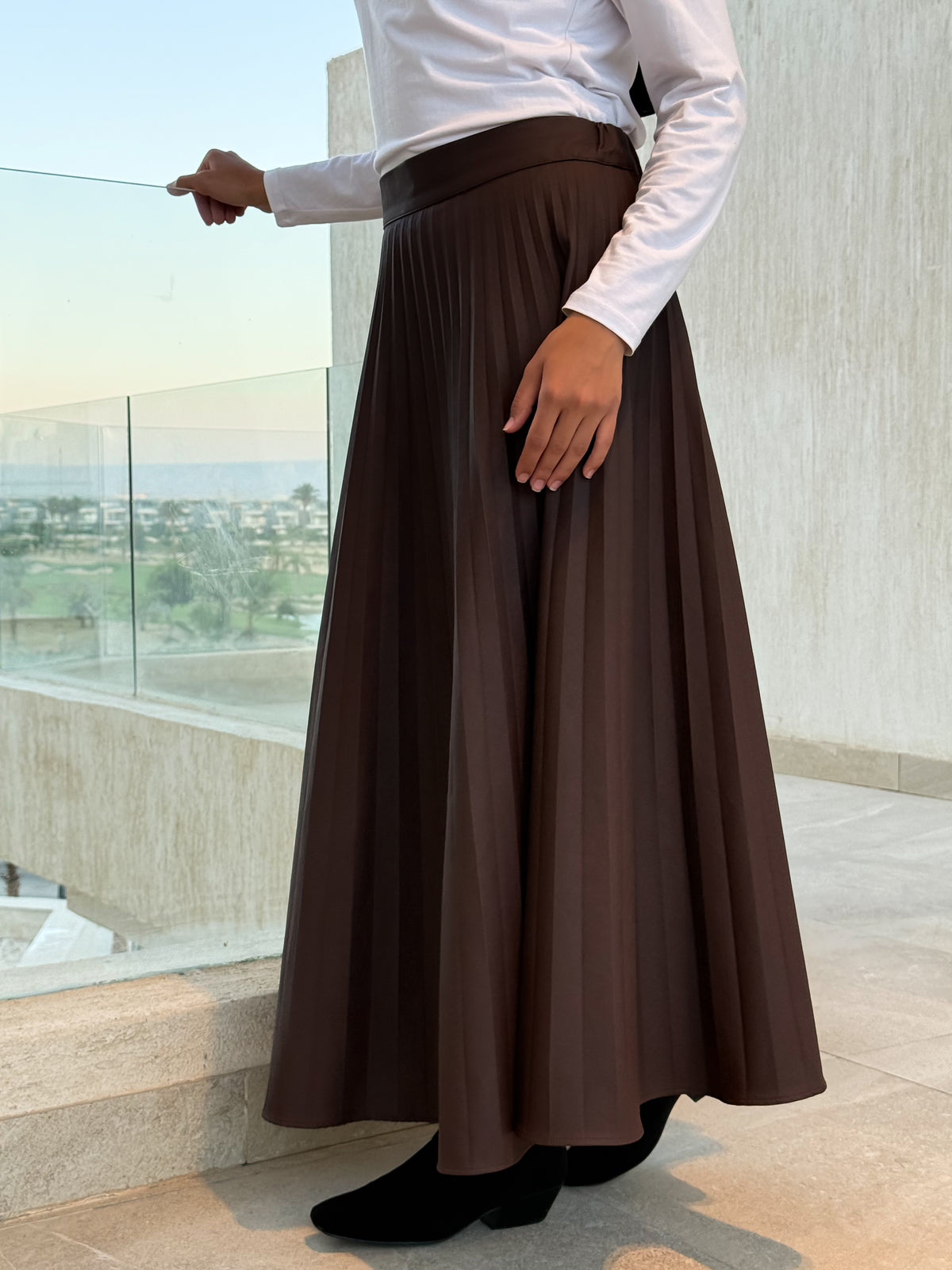 Pleated Leather Skirt -Brown