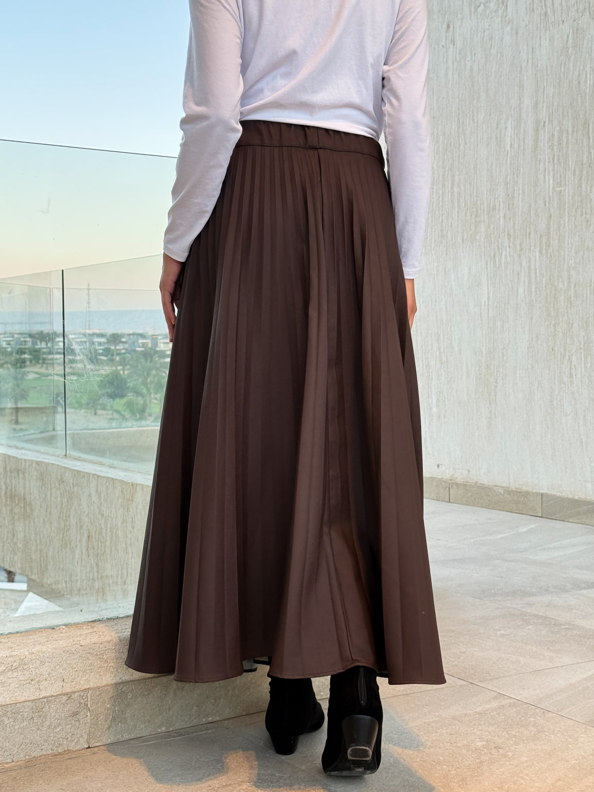 Pleated Leather Skirt -Brown