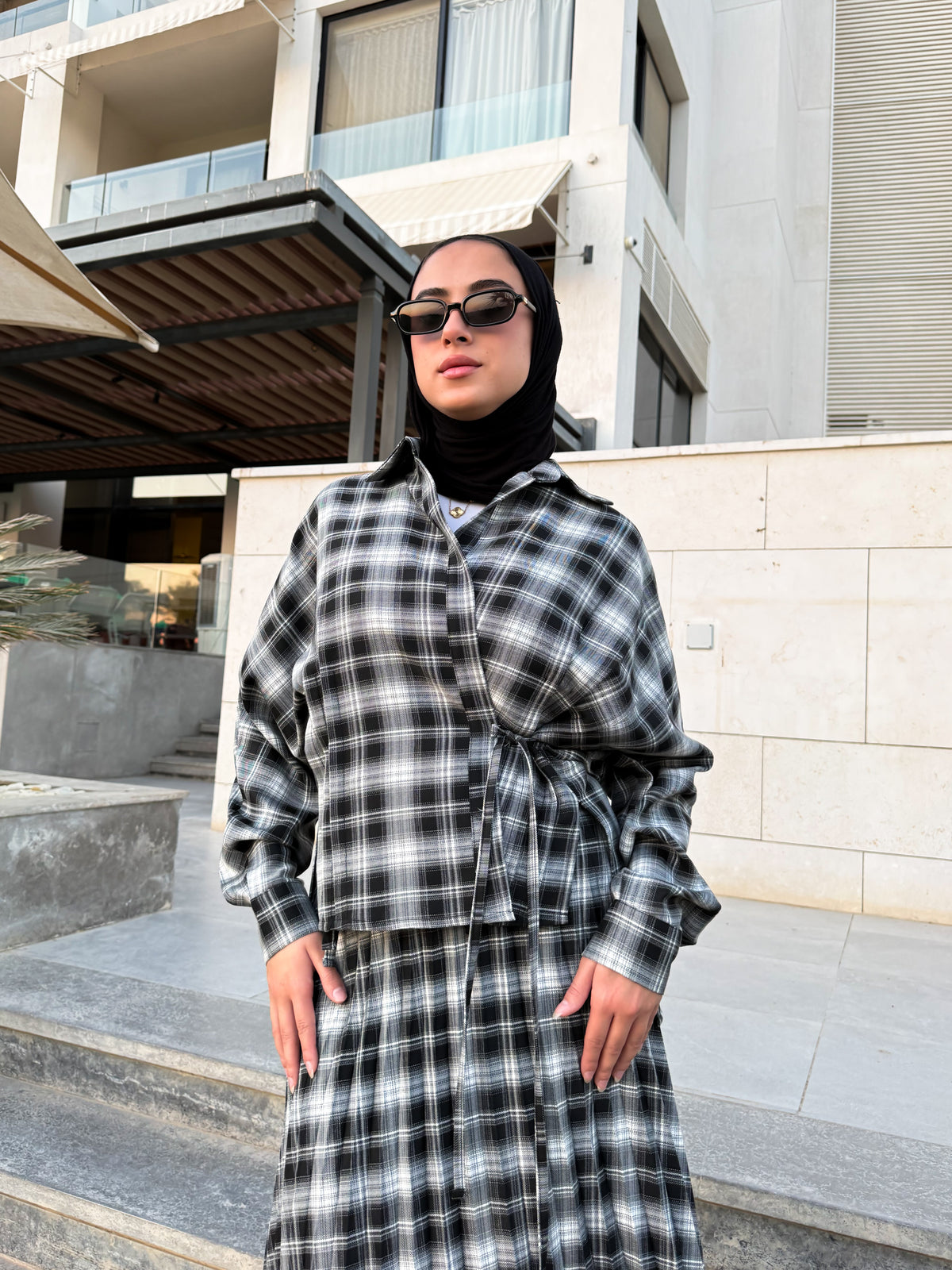 Overlap Checked Blouse - Black