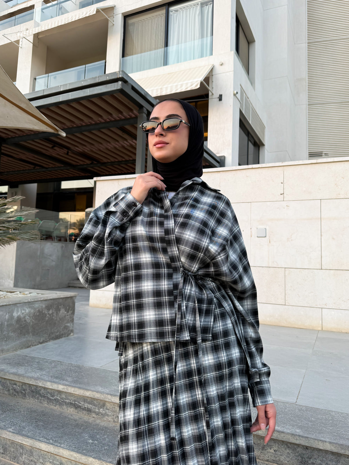 Overlap Checked Blouse - Black