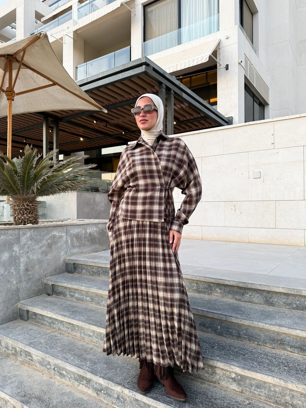 Overlap Checked Blouse - Brown