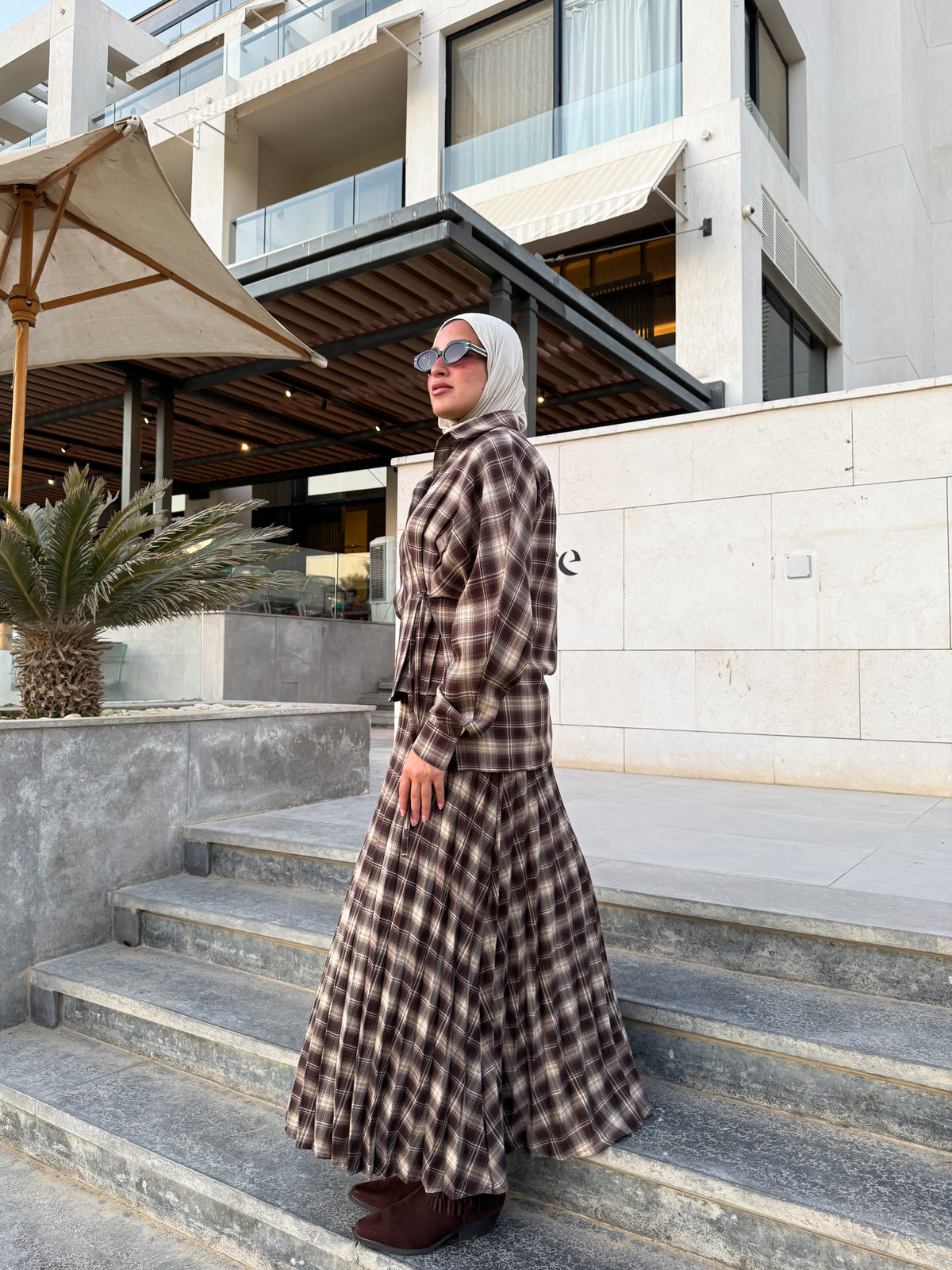 Pleated Checked Skirt - Brown