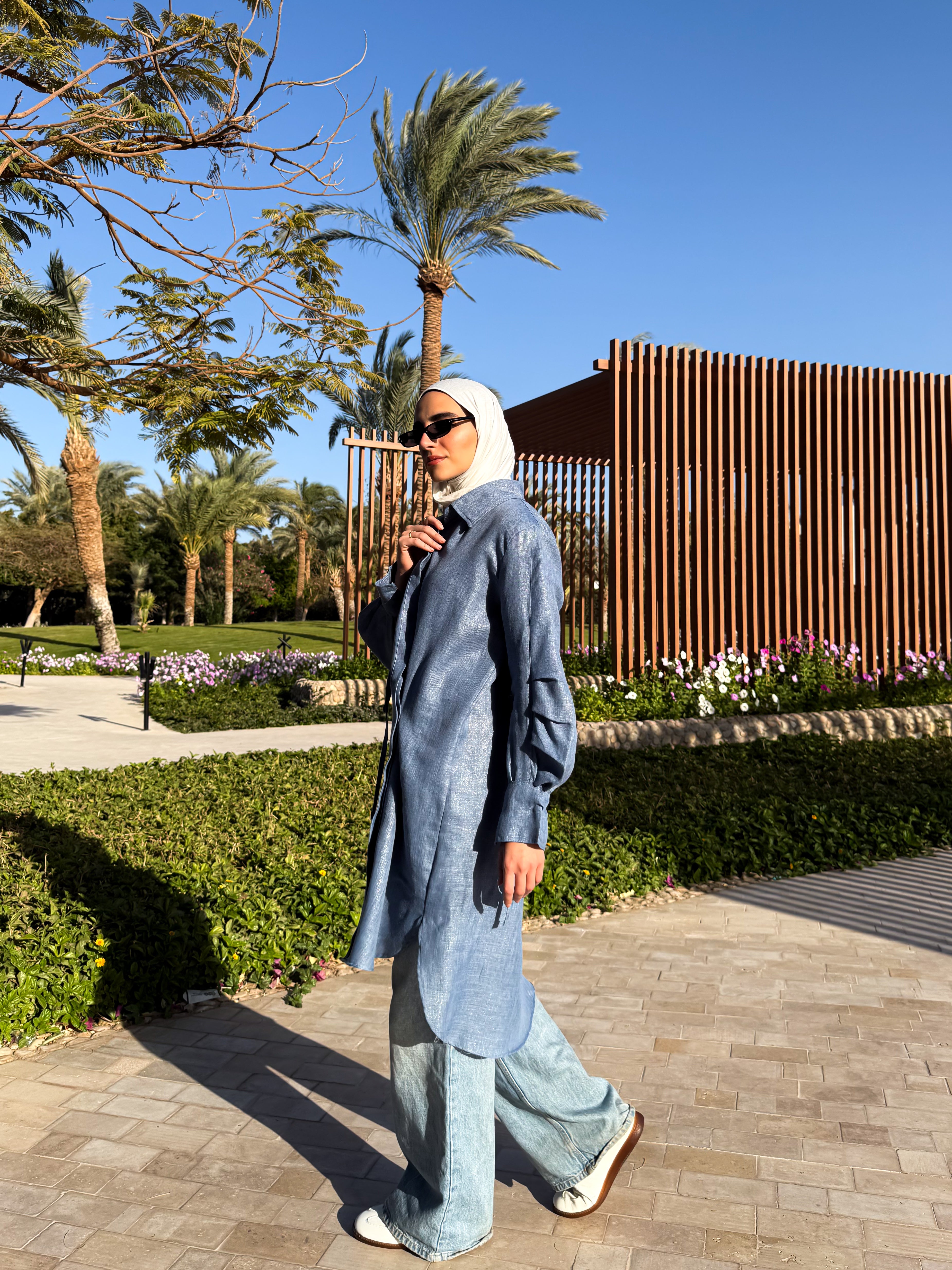 Pleated Sleeves Shirt-Blue