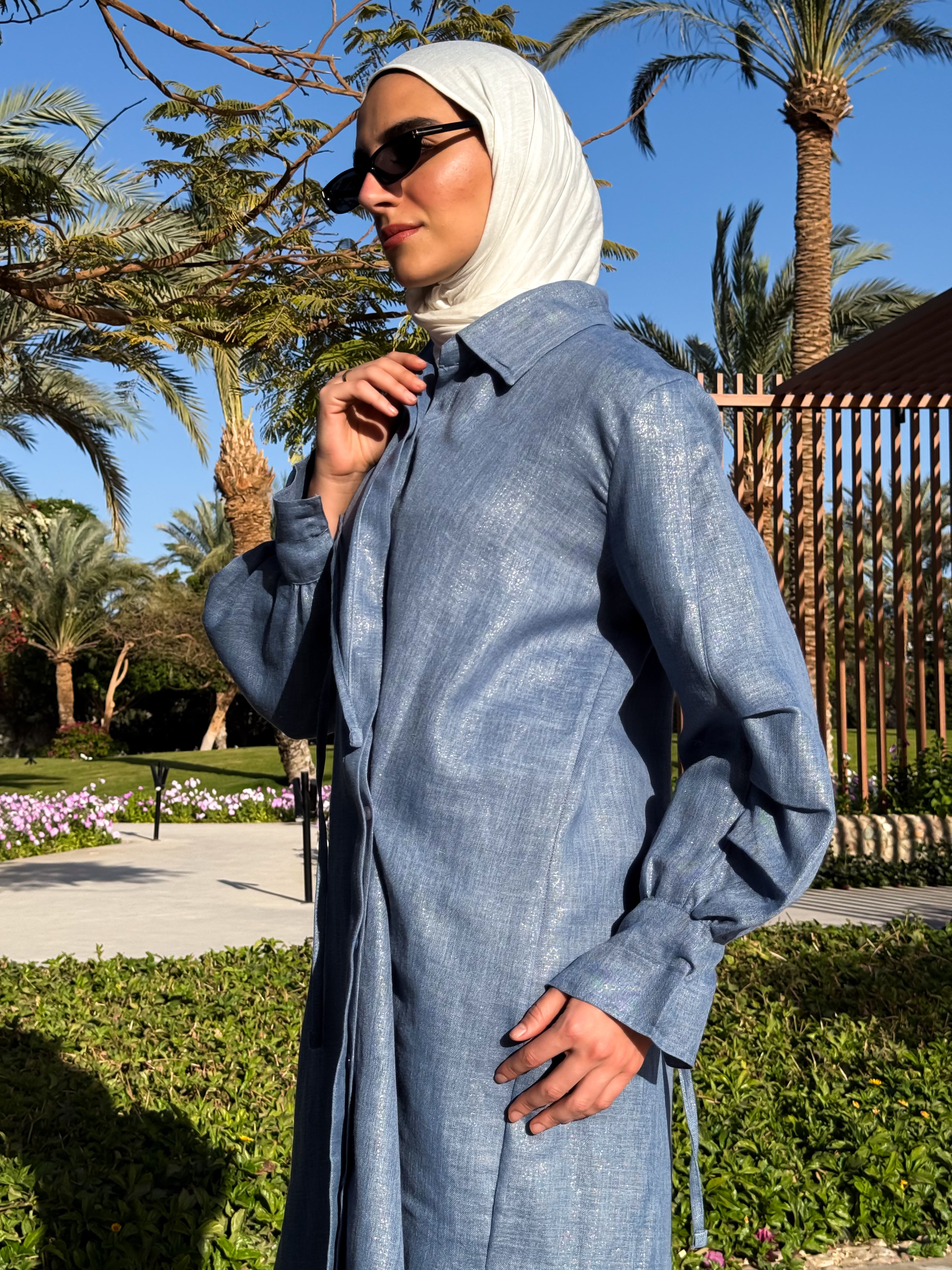 Pleated Sleeves Shirt-Blue