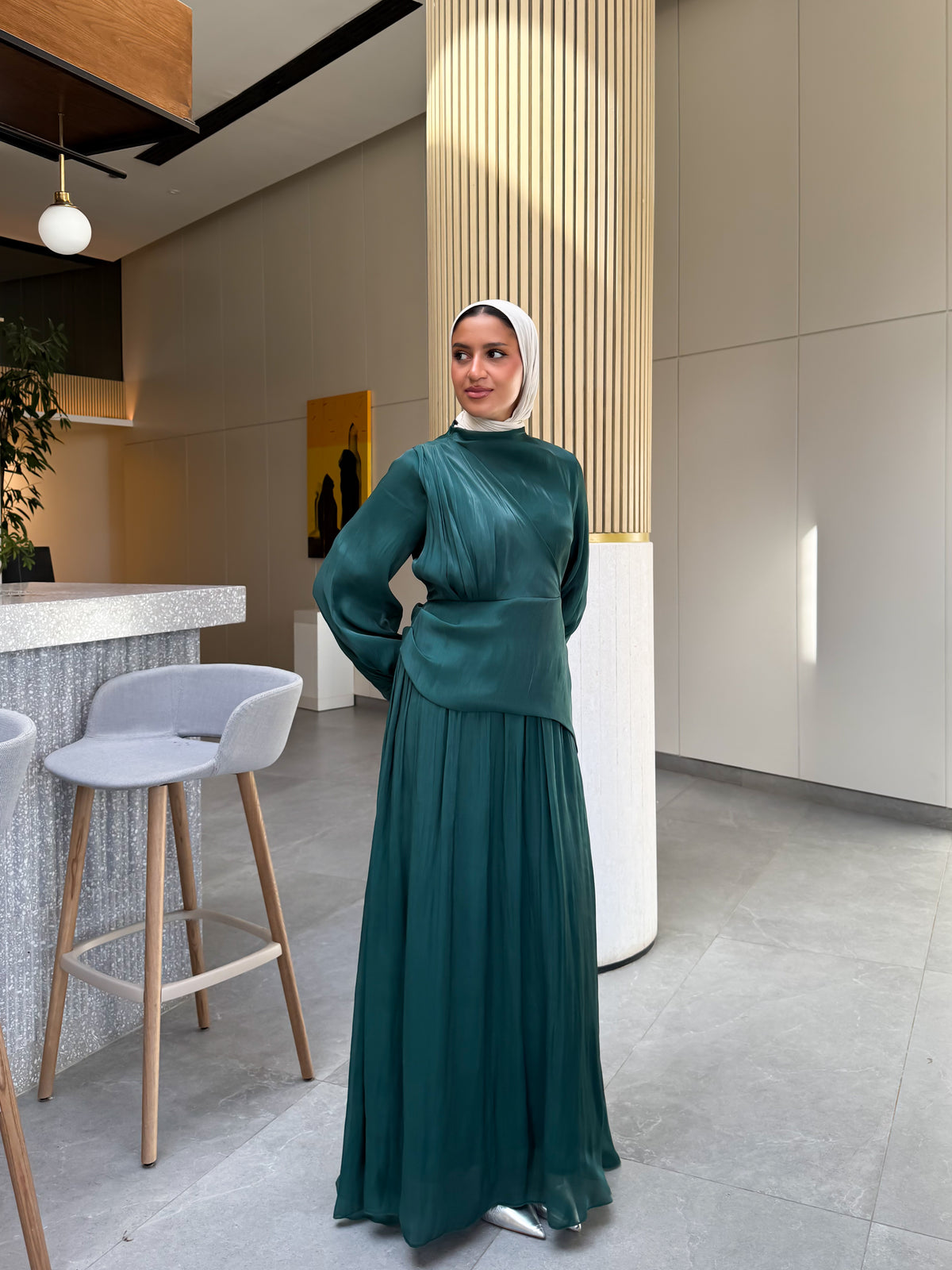 Draped Organza Dress - Emerald