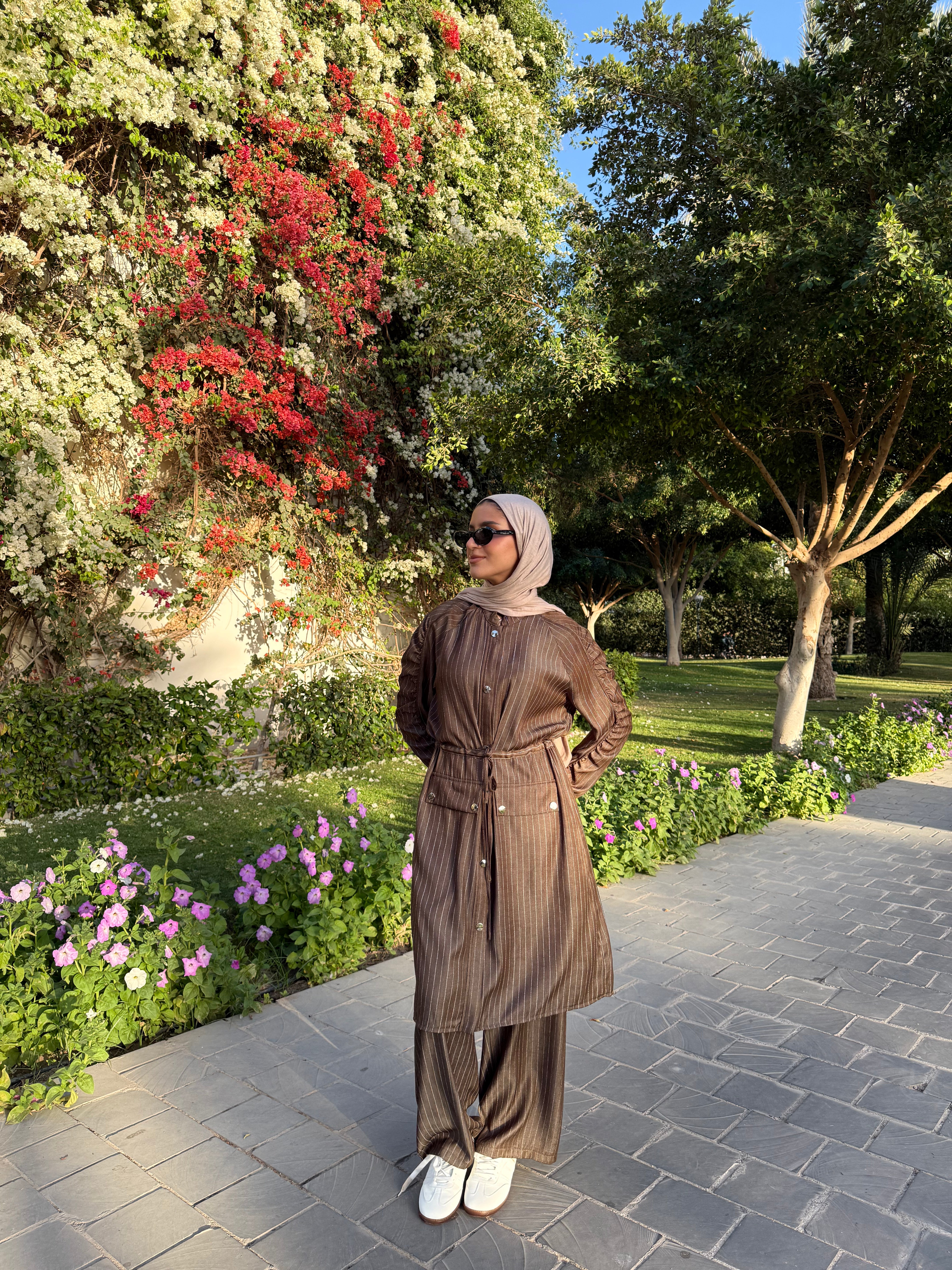 Drawstring Striped Pants-Brown