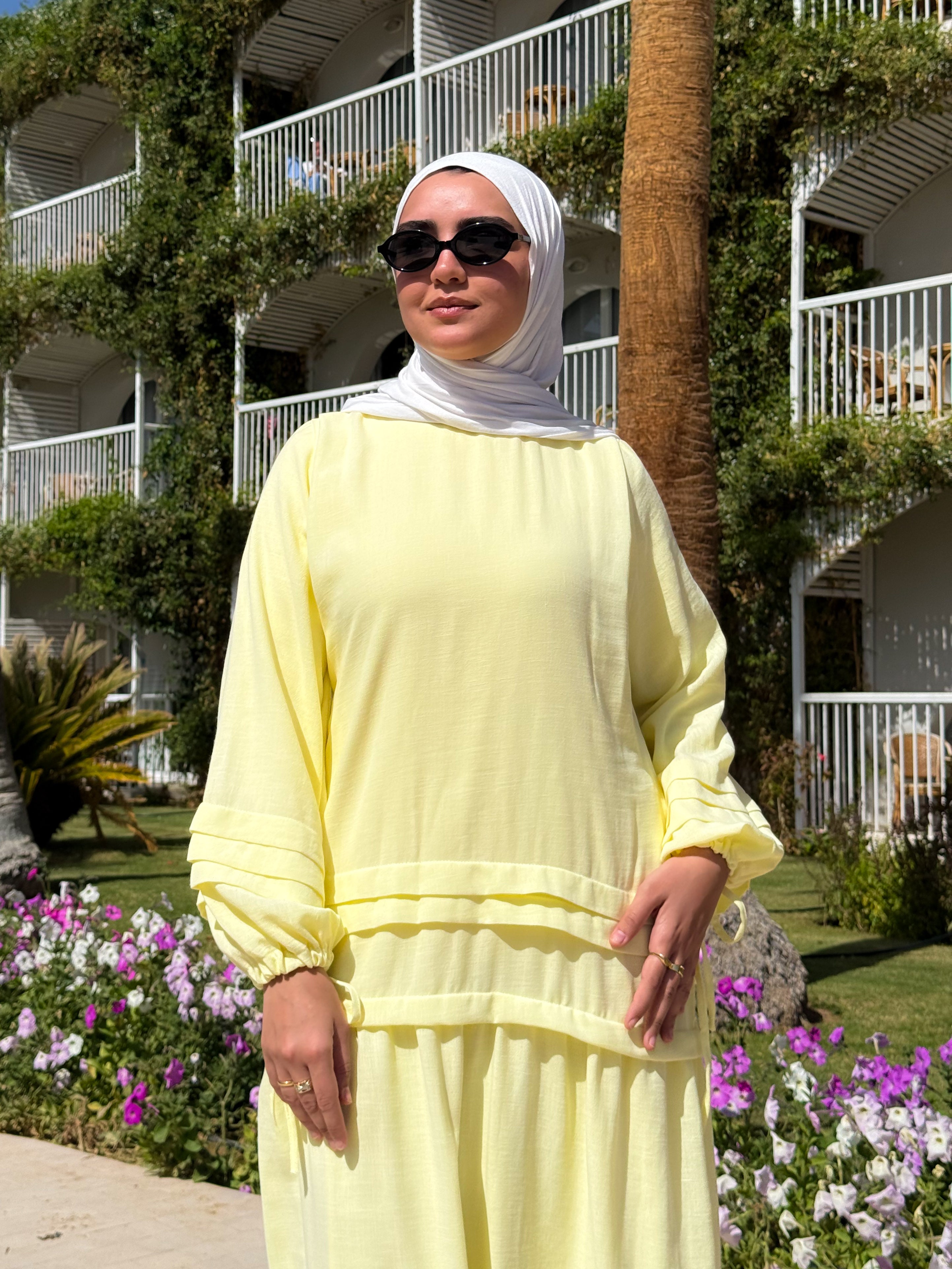 Pleated Sleeves Linen Dress - Yellow