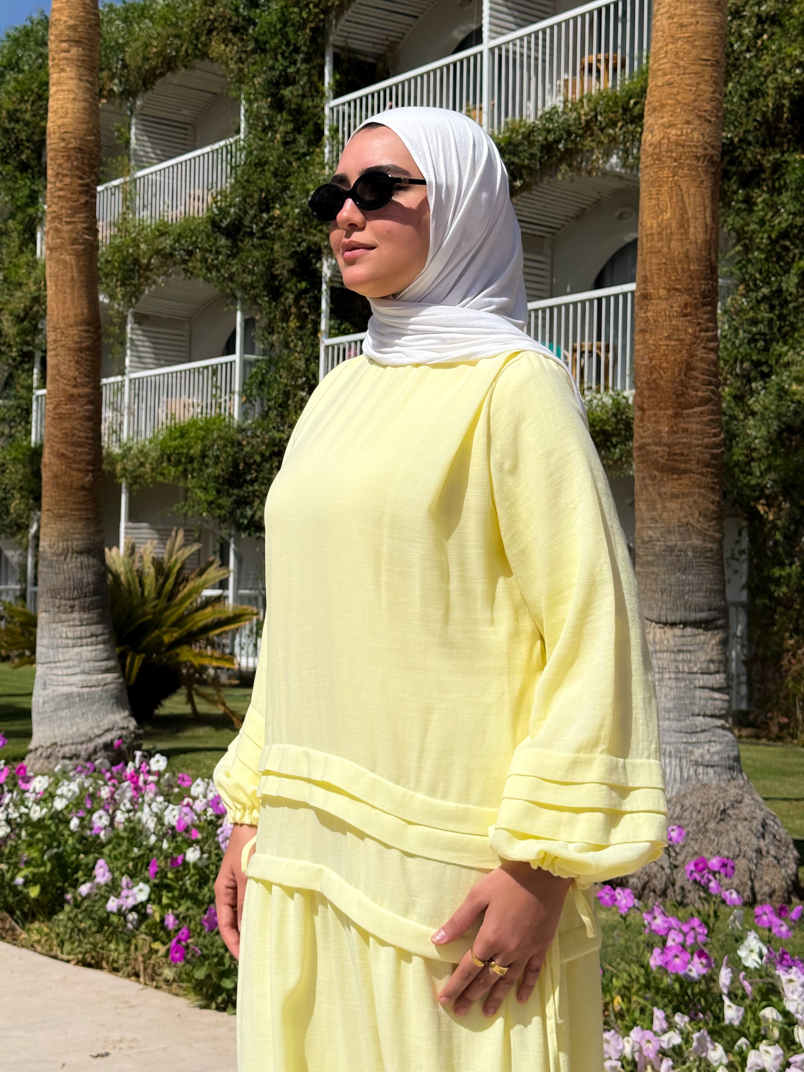 Pleated Sleeves Linen Dress - Yellow