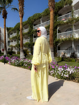 Pleated Sleeves Linen Dress - Yellow