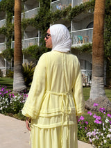 Pleated Sleeves Linen Dress - Yellow