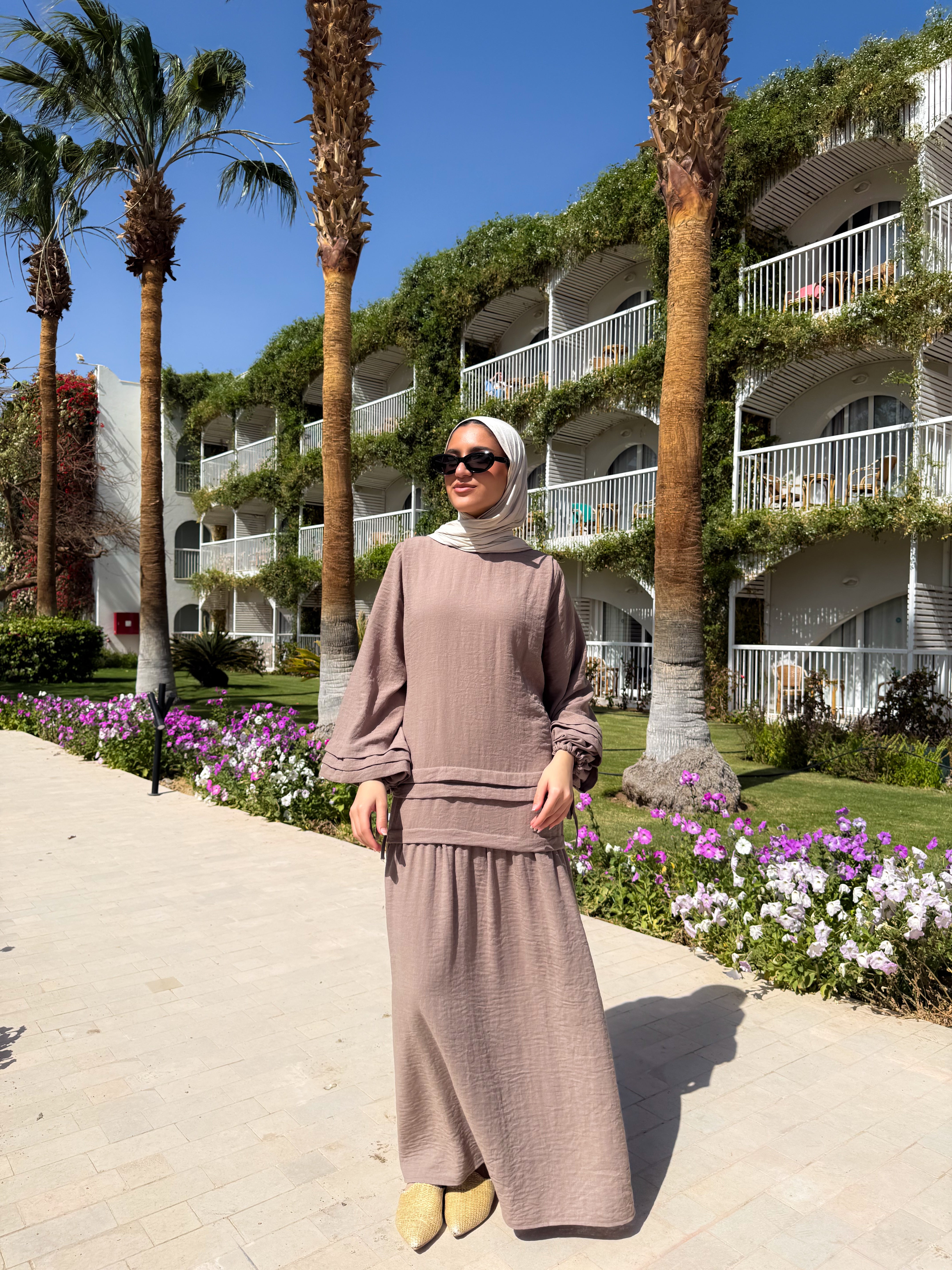 Pleated Sleeves Linen Dress - Cafe