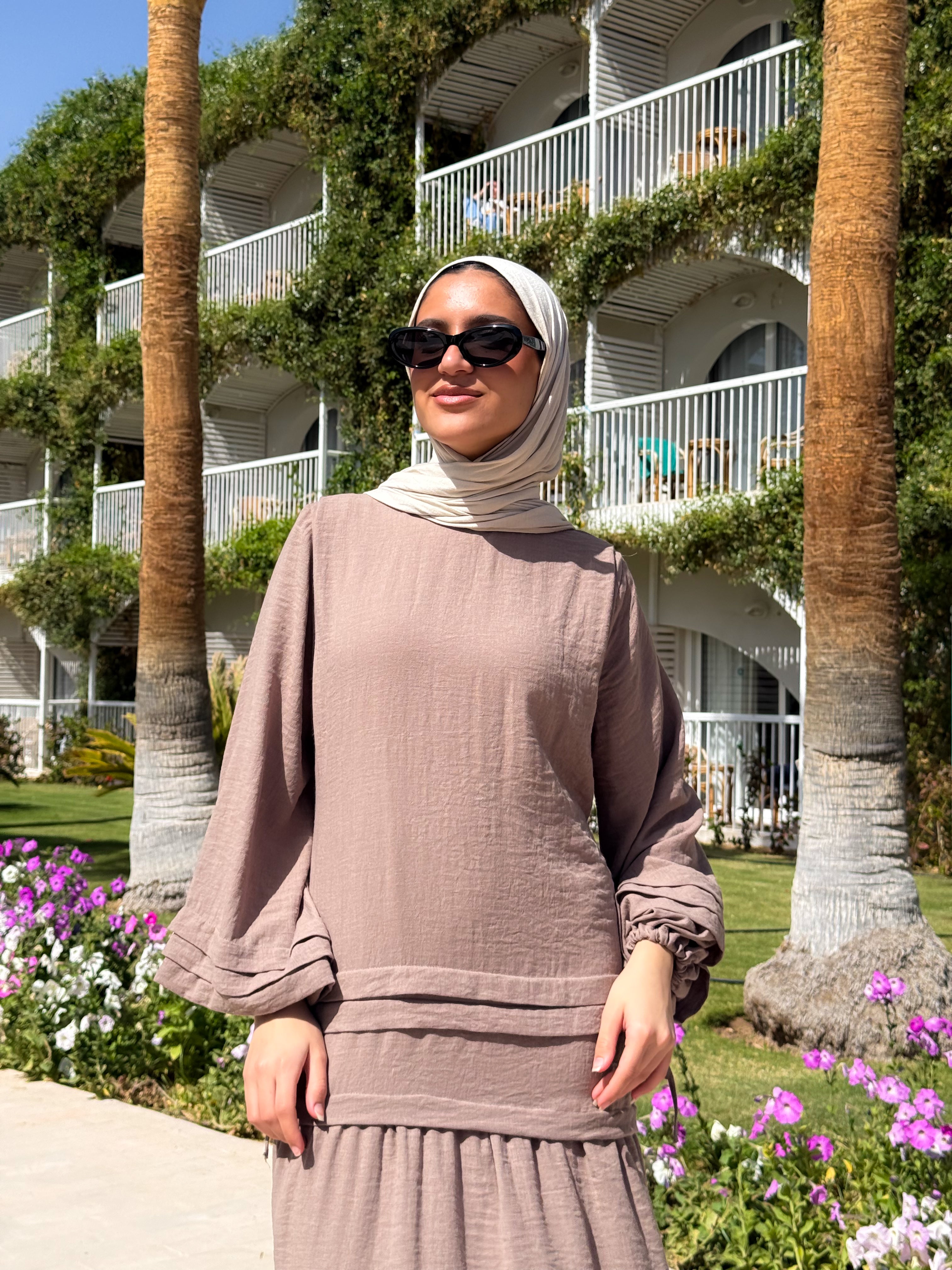 Pleated Sleeves Linen Dress - Cafe