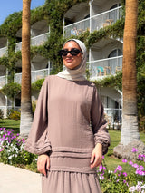 Pleated Sleeves Linen Dress - Cafe