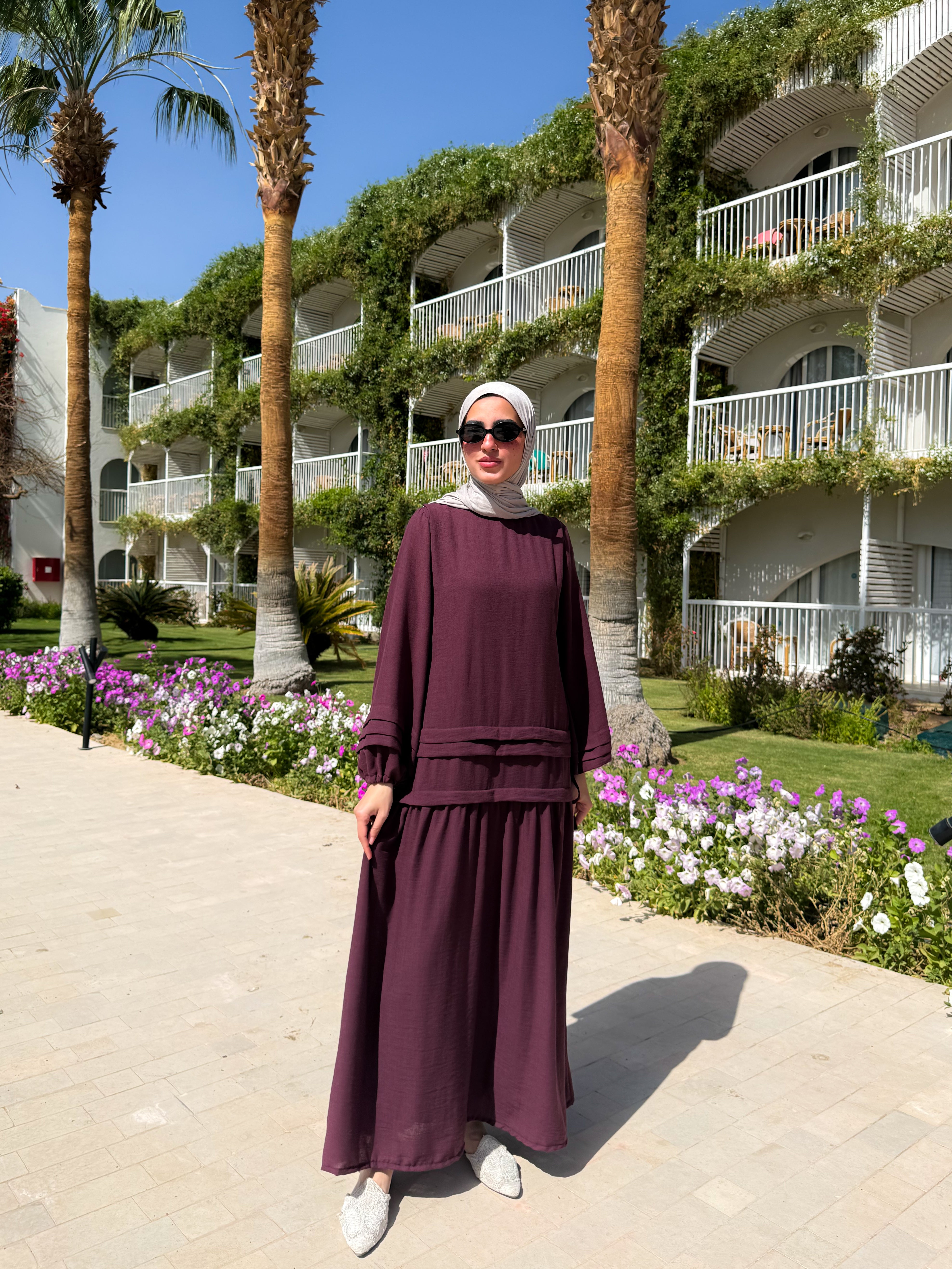 Pleated Sleeves Linen Dress - Dark Red