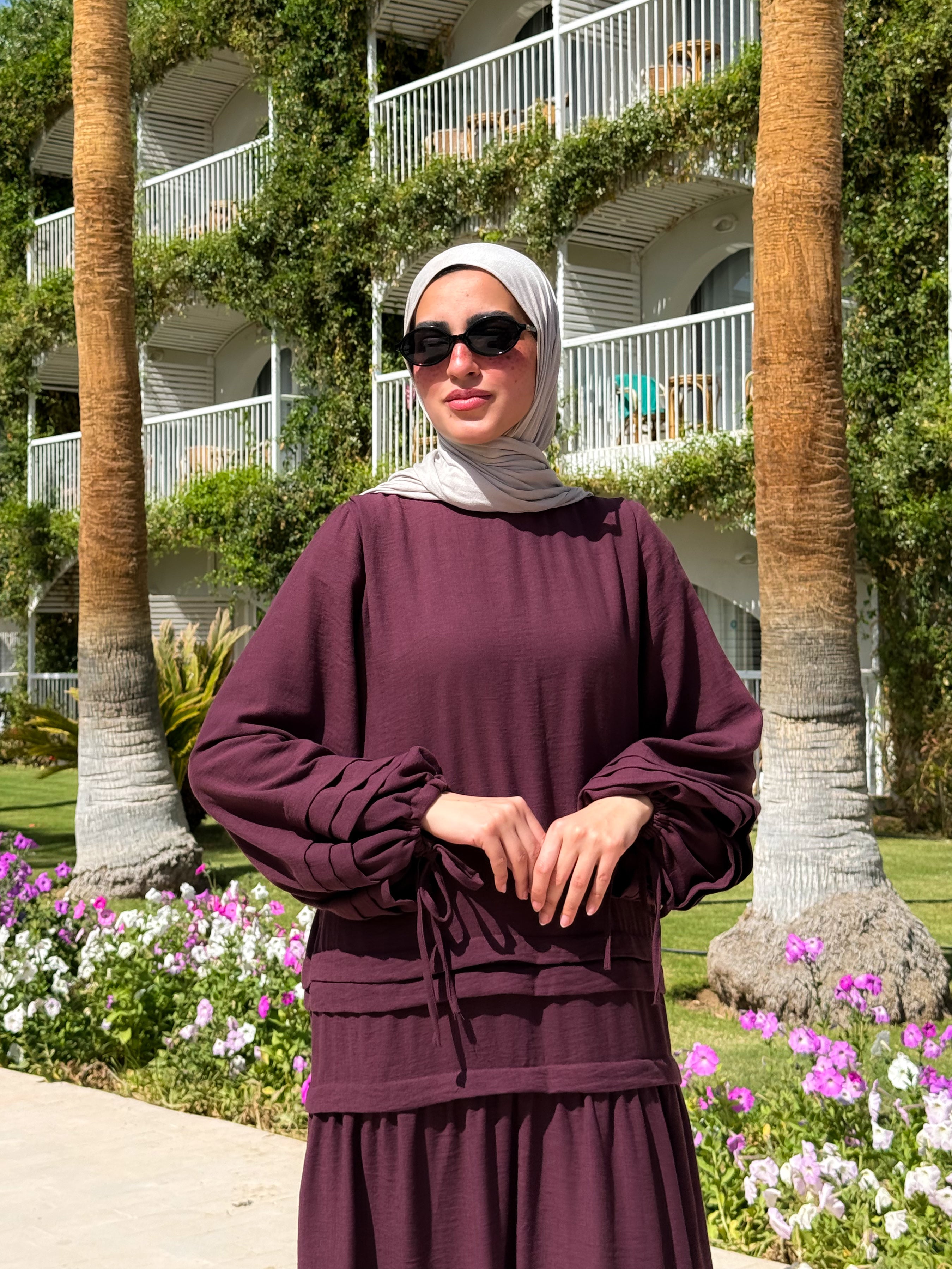 Pleated Sleeves Linen Dress - Dark Red