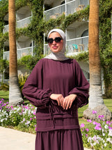 Pleated Sleeves Linen Dress - Dark Red