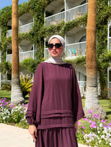 Pleated Sleeves Linen Dress - Dark Red