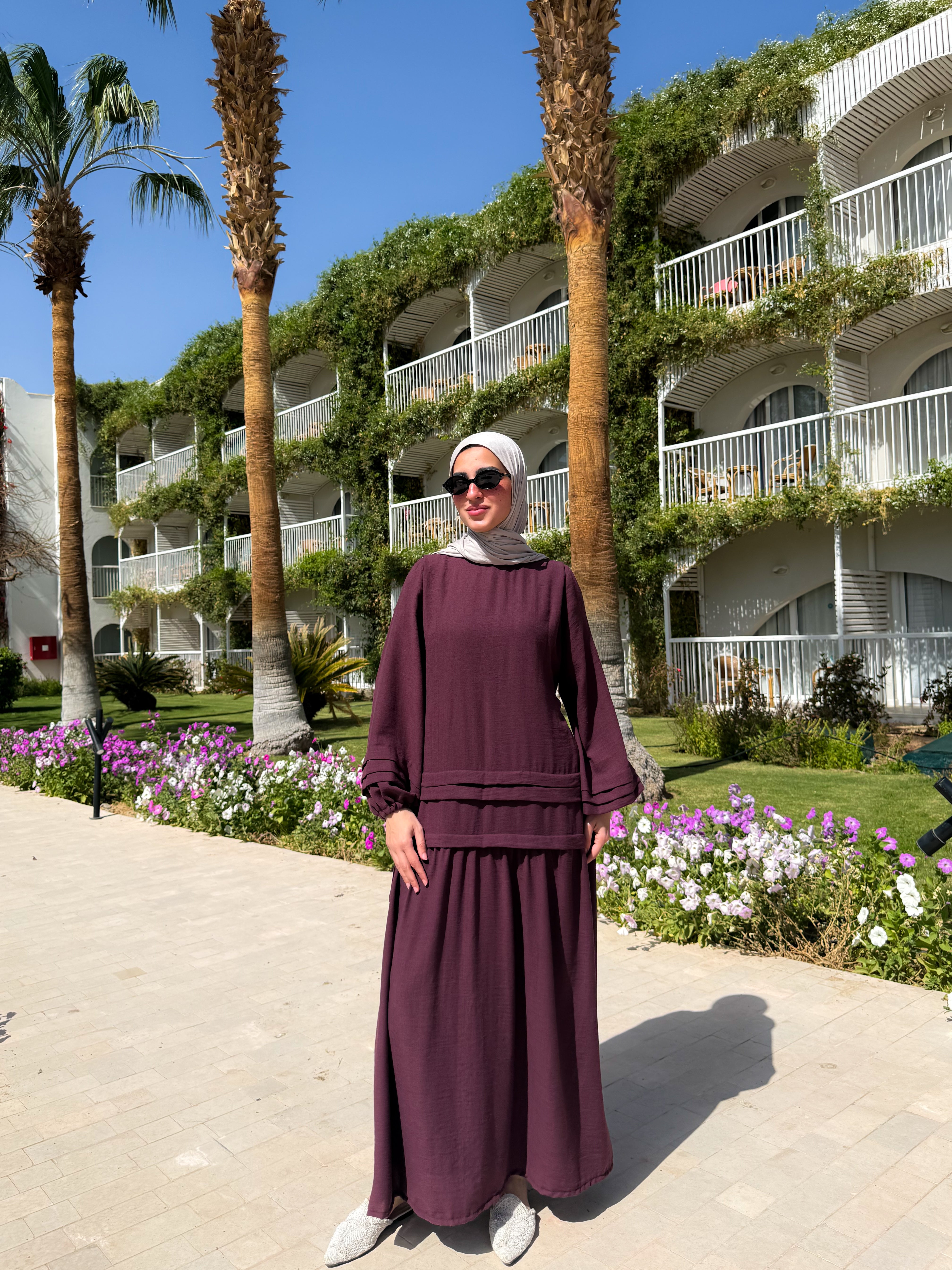 Pleated Sleeves Linen Dress - Dark Red