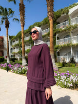 Pleated Sleeves Linen Dress - Dark Red