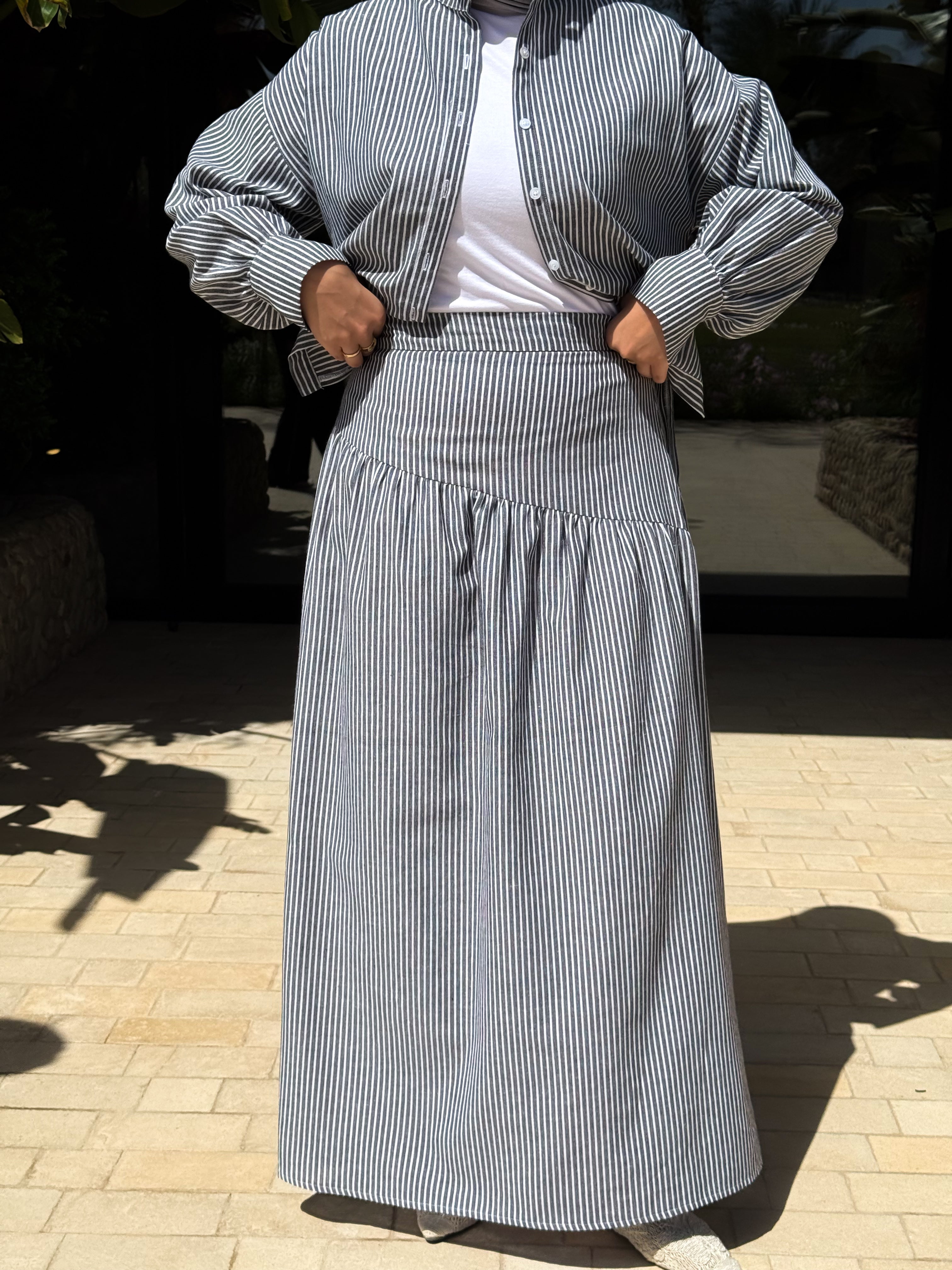 Striped Linen Skirt-Black