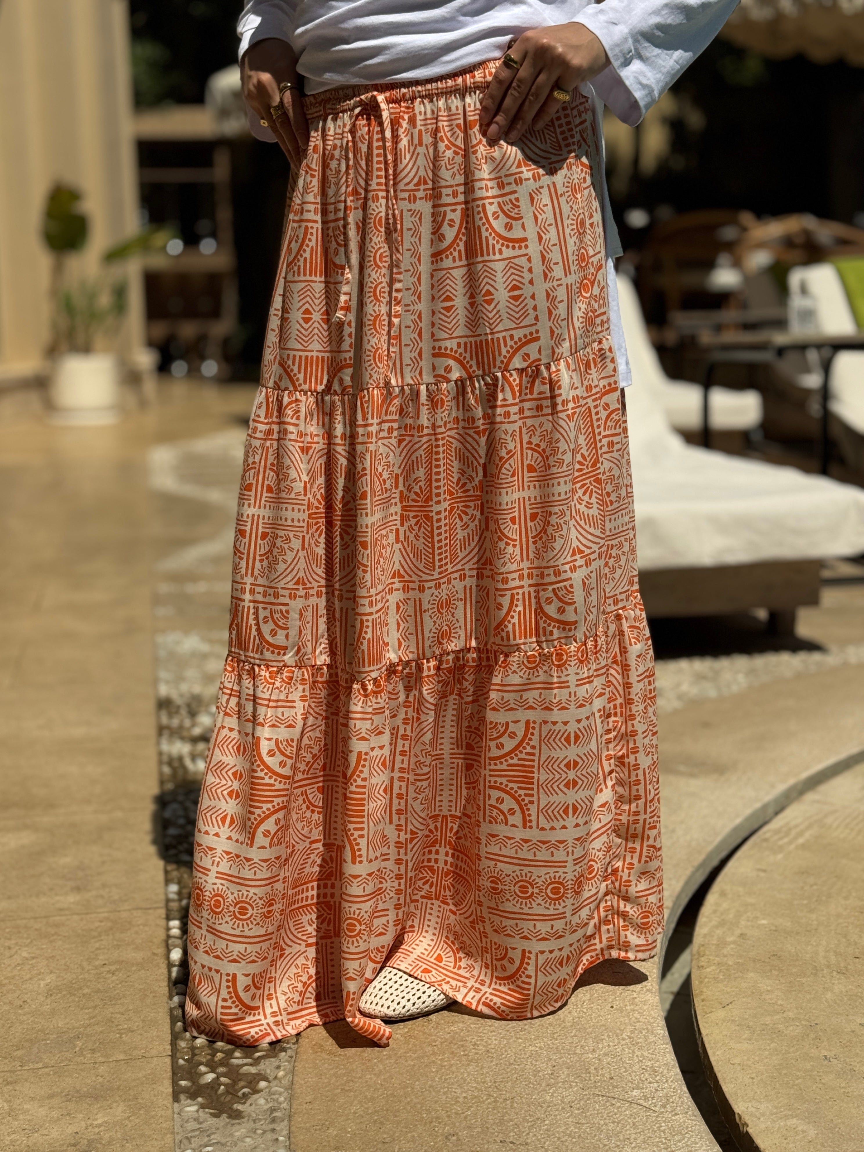 Printed Tiered Skirt - orange