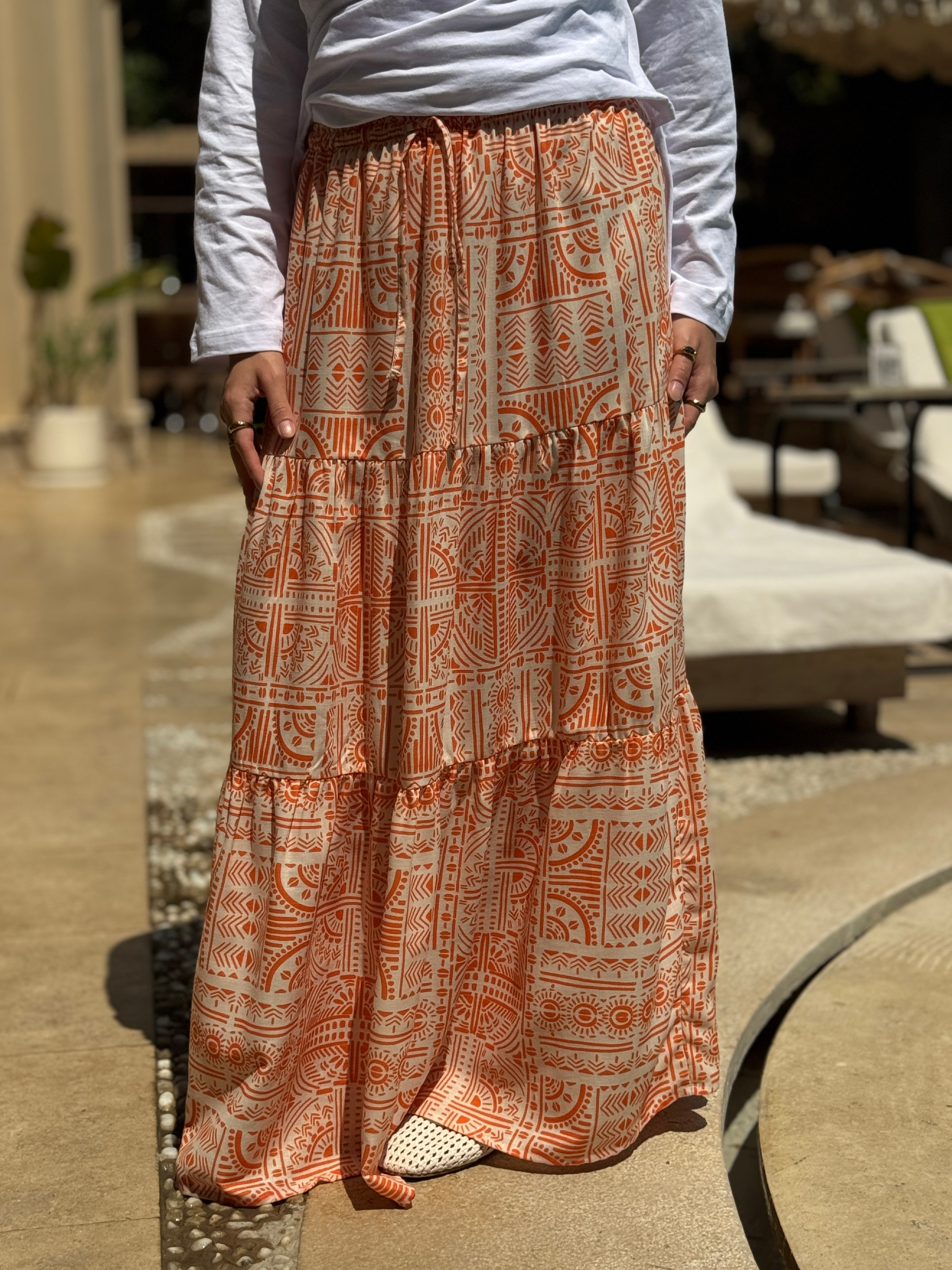 Printed Tiered Skirt - orange