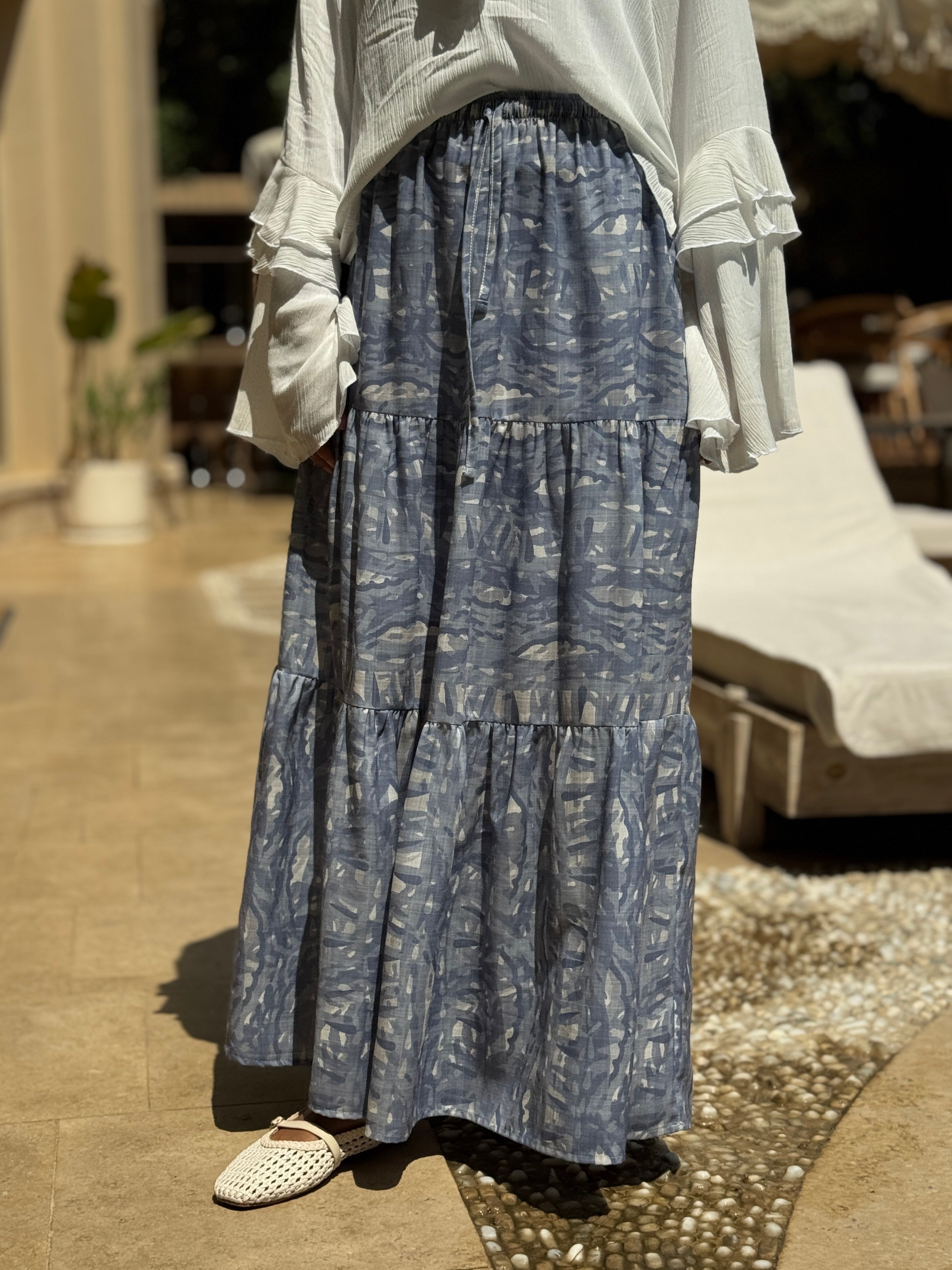 Printed Tiered Skirt - blue