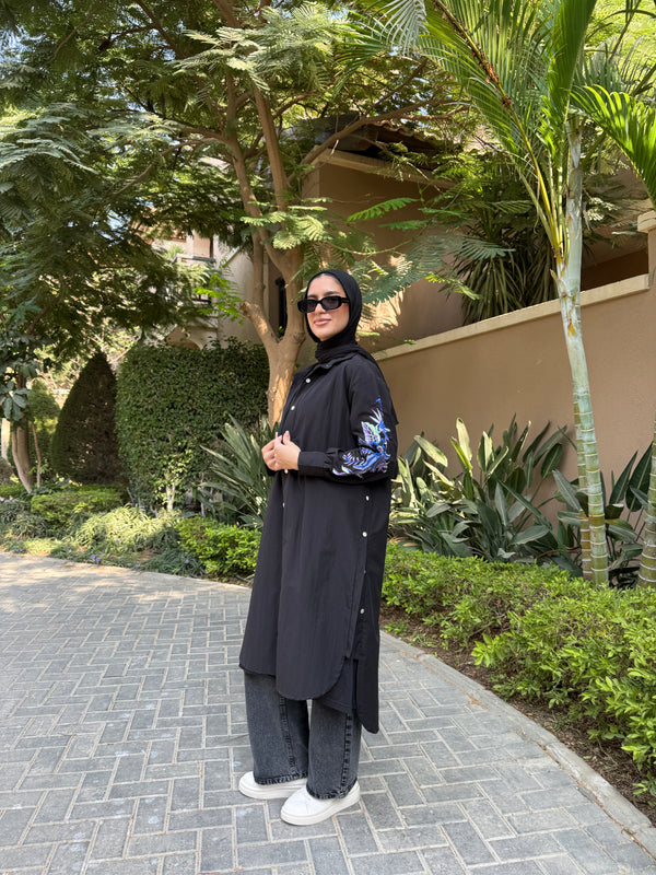 Floral Embroidery Shirt - Black