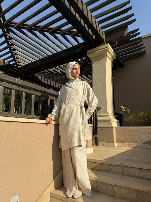 Drawstring Pants - Striped Beige