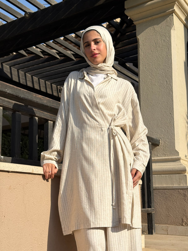 Striped Overlap Shirt - Striped Beige